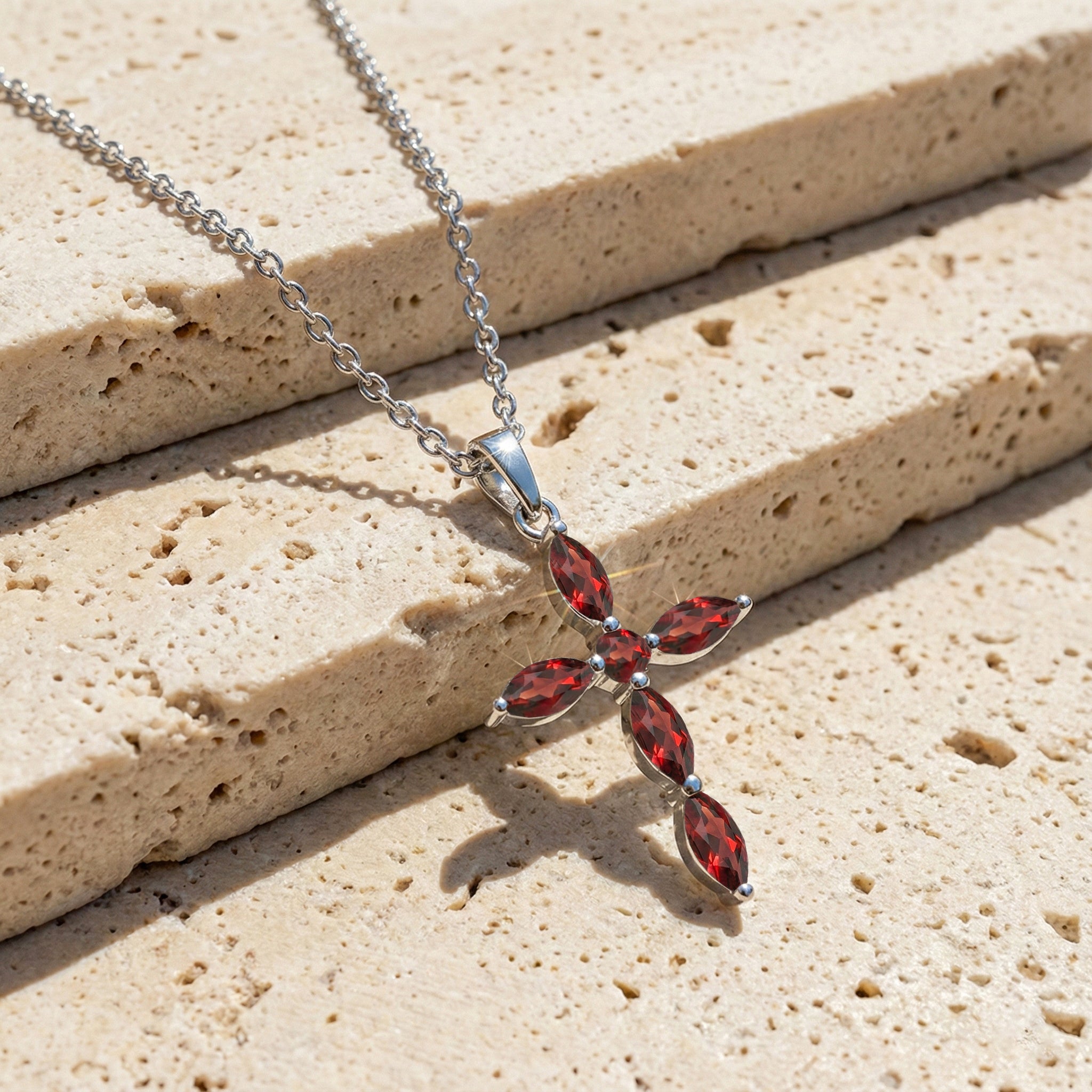 Garnet Marquise Cross Pendant Necklace in 925 Sterling Silver 2ct