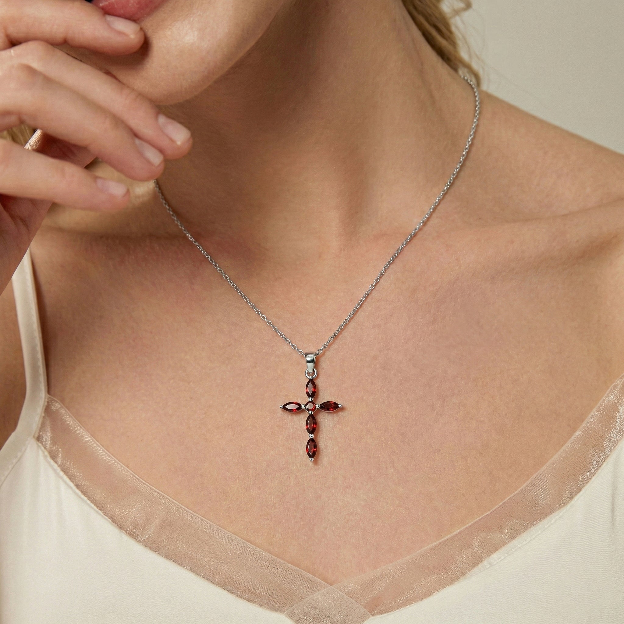 Garnet Marquise Cross Pendant Necklace in 925 Sterling Silver 2ct
