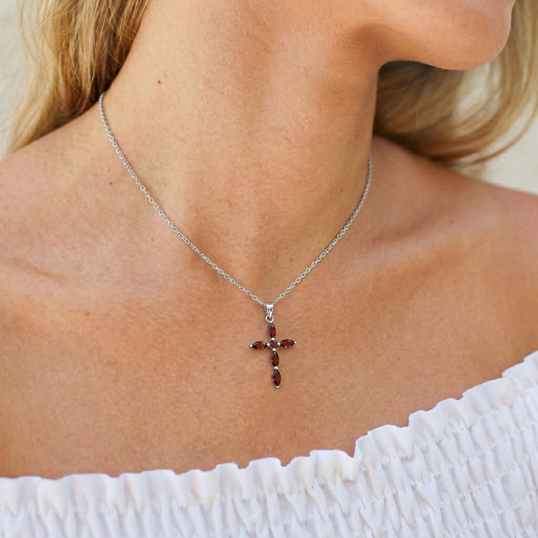 Garnet Marquise Cross Pendant Necklace in 925 Sterling Silver 2ct