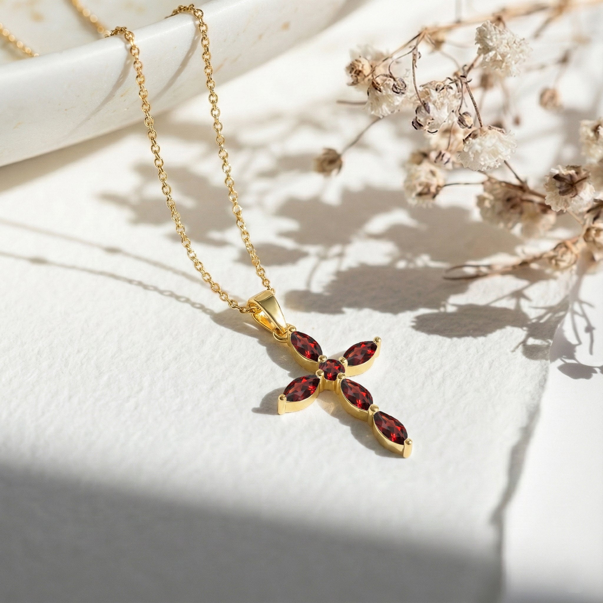 Garnet Marquise Cross Pendant Necklace in Yellow Gold Plated 2ct