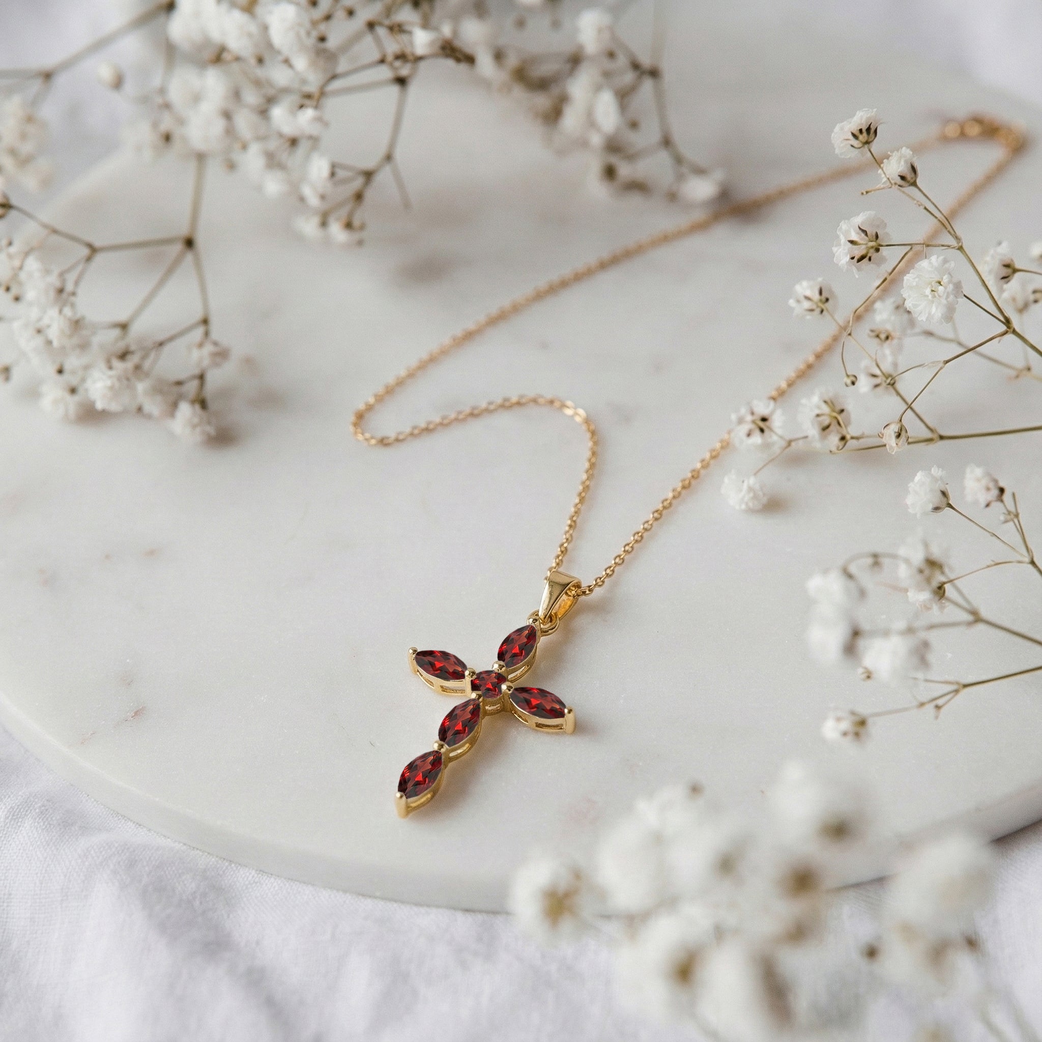 Garnet Marquise Cross Pendant Necklace in Yellow Gold Plated 2ct