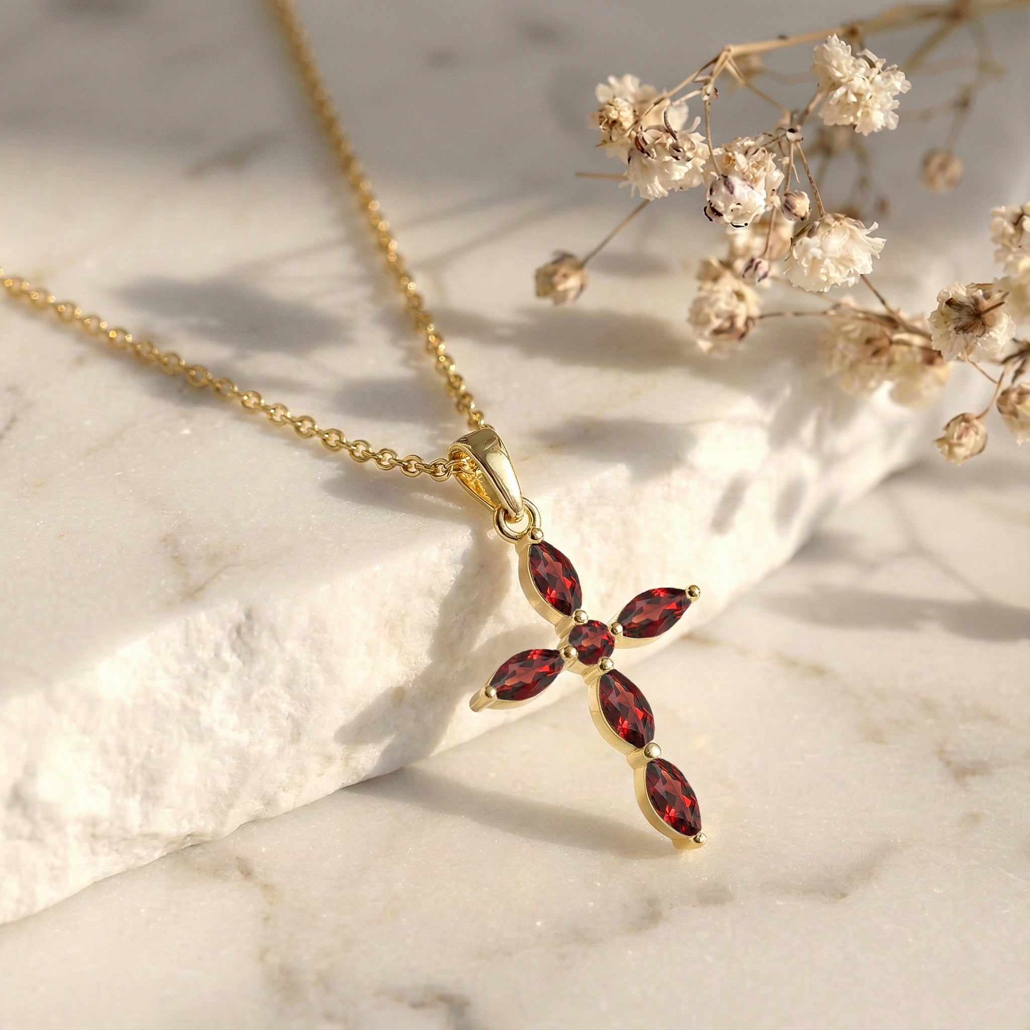 Garnet Marquise Cross Pendant Necklace in Yellow Gold Plated 2ct