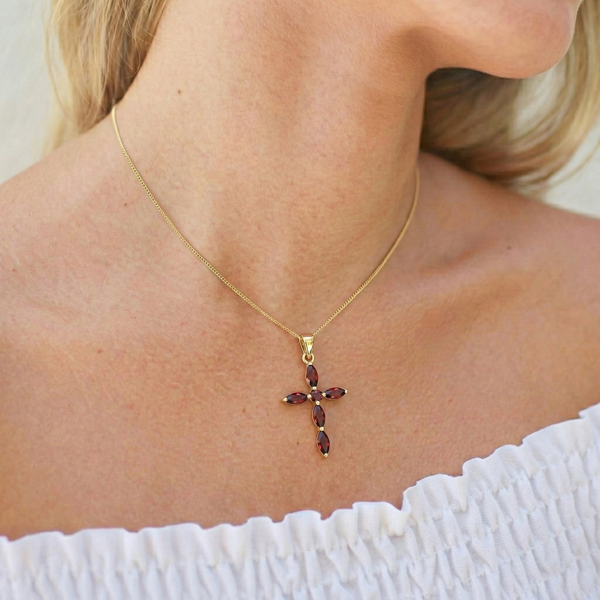 Garnet Marquise Cross Pendant Necklace in Yellow Gold Plated 2ct