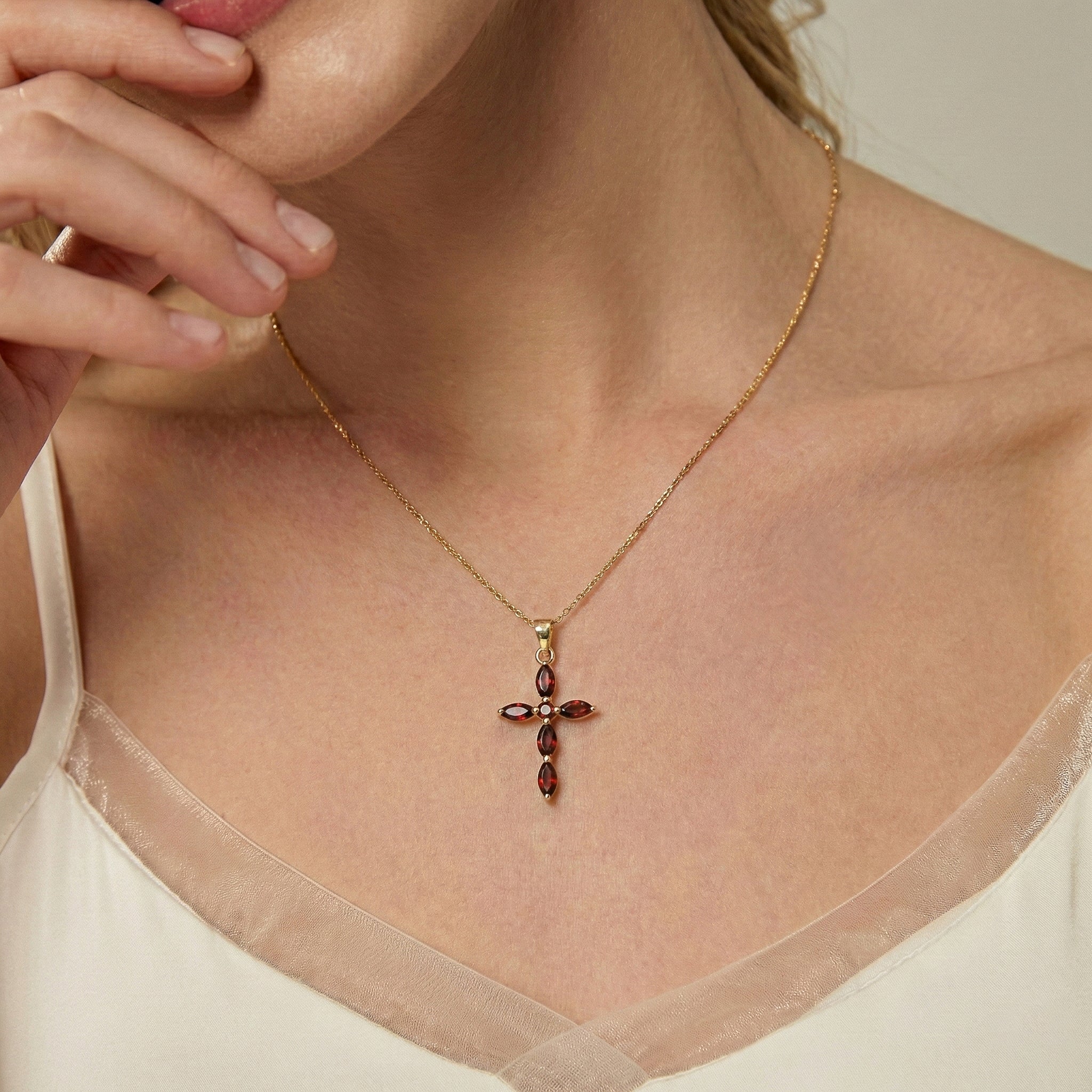 Garnet Marquise Cross Pendant Necklace in 925 Sterling Silver 2ct