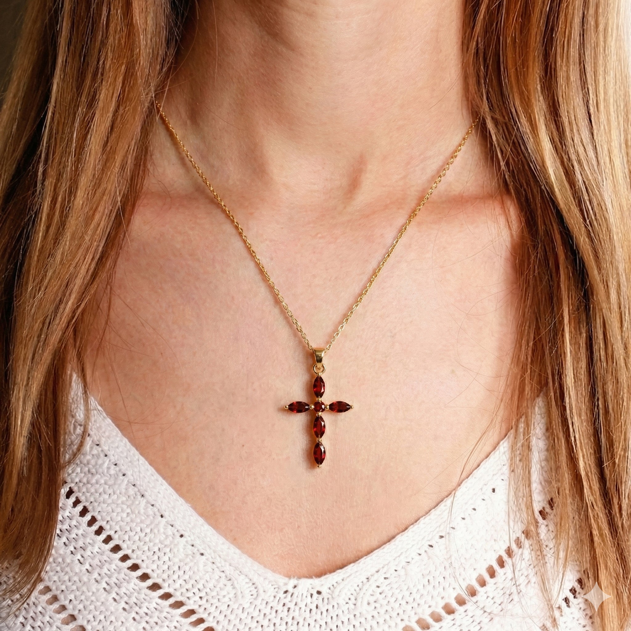 Garnet Marquise Cross Pendant Necklace in Yellow Gold Plated 2ct