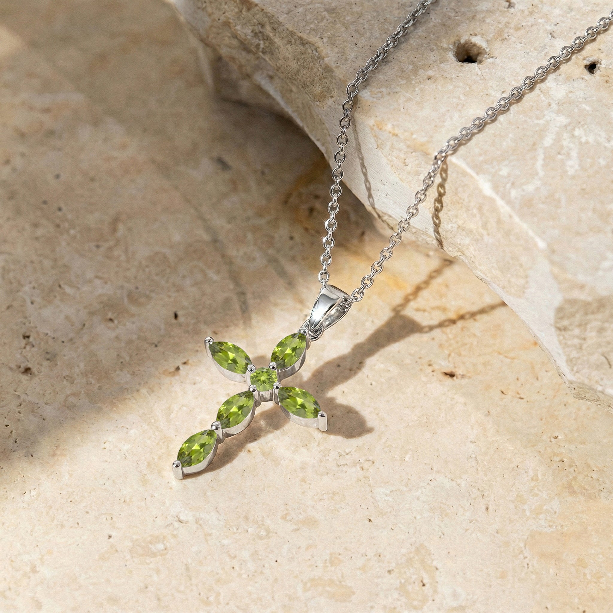 Peridot Marquise Cross Pendant Necklace in 925 Sterling Silver 2ct