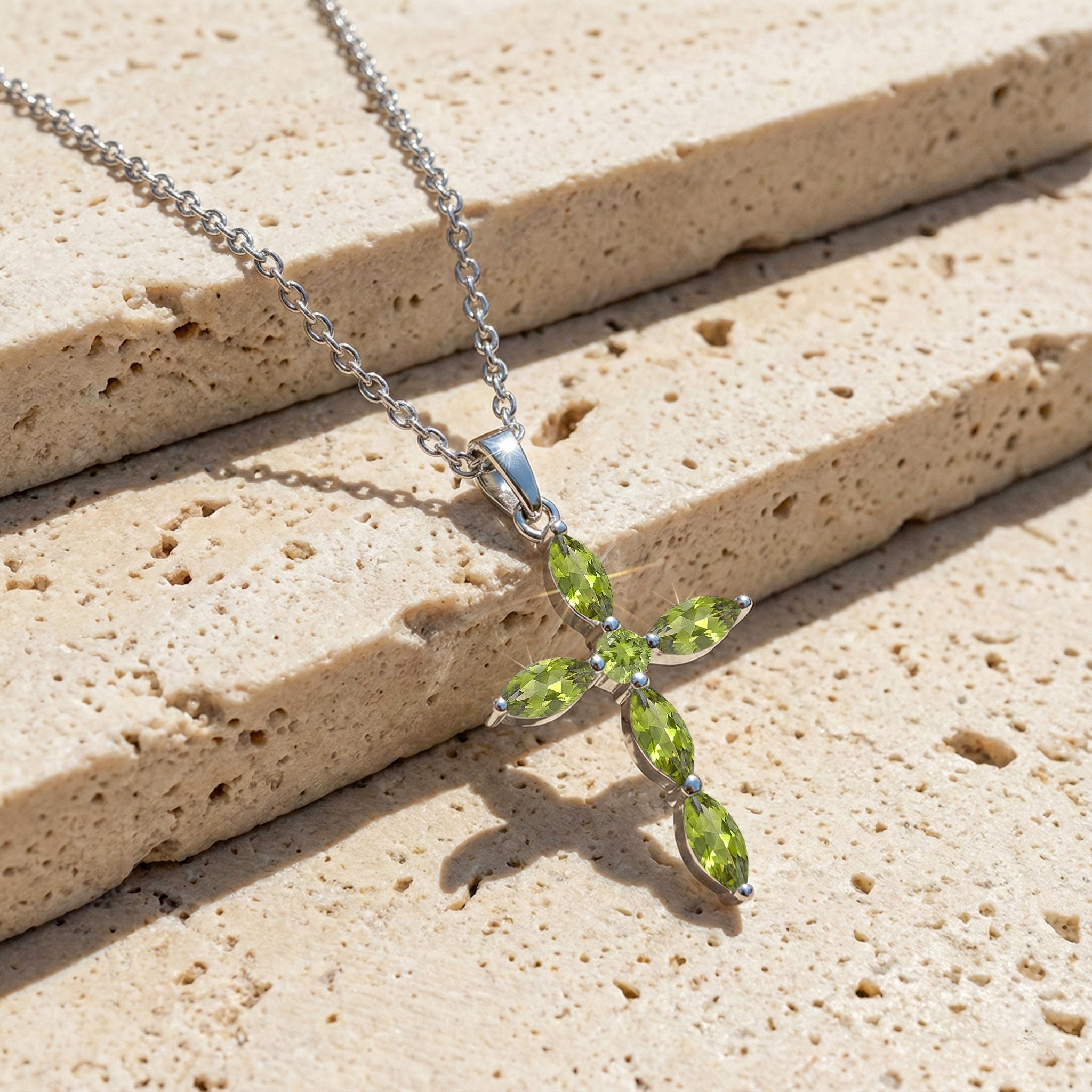 Peridot Marquise Cross Pendant Necklace in 925 Sterling Silver 2ct