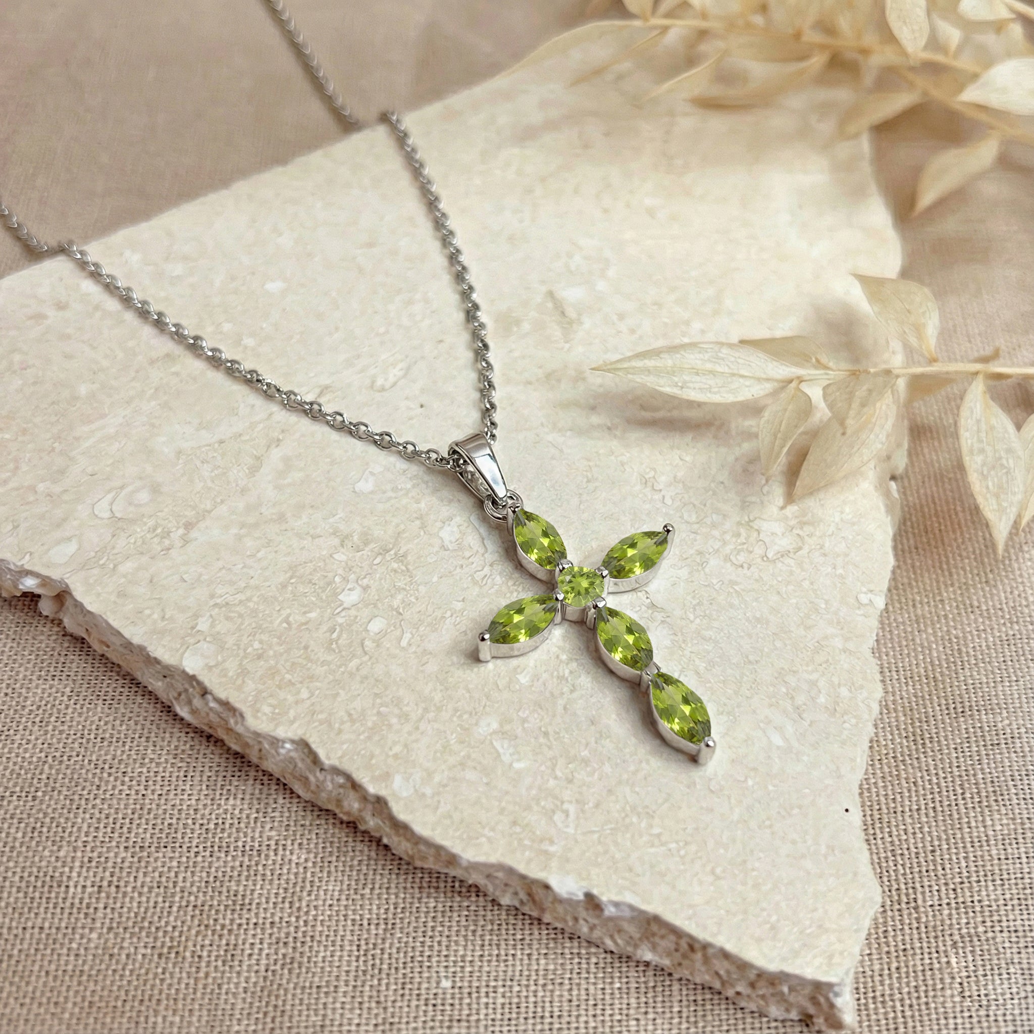 Peridot Marquise Cross Pendant Necklace in 925 Sterling Silver 2ct