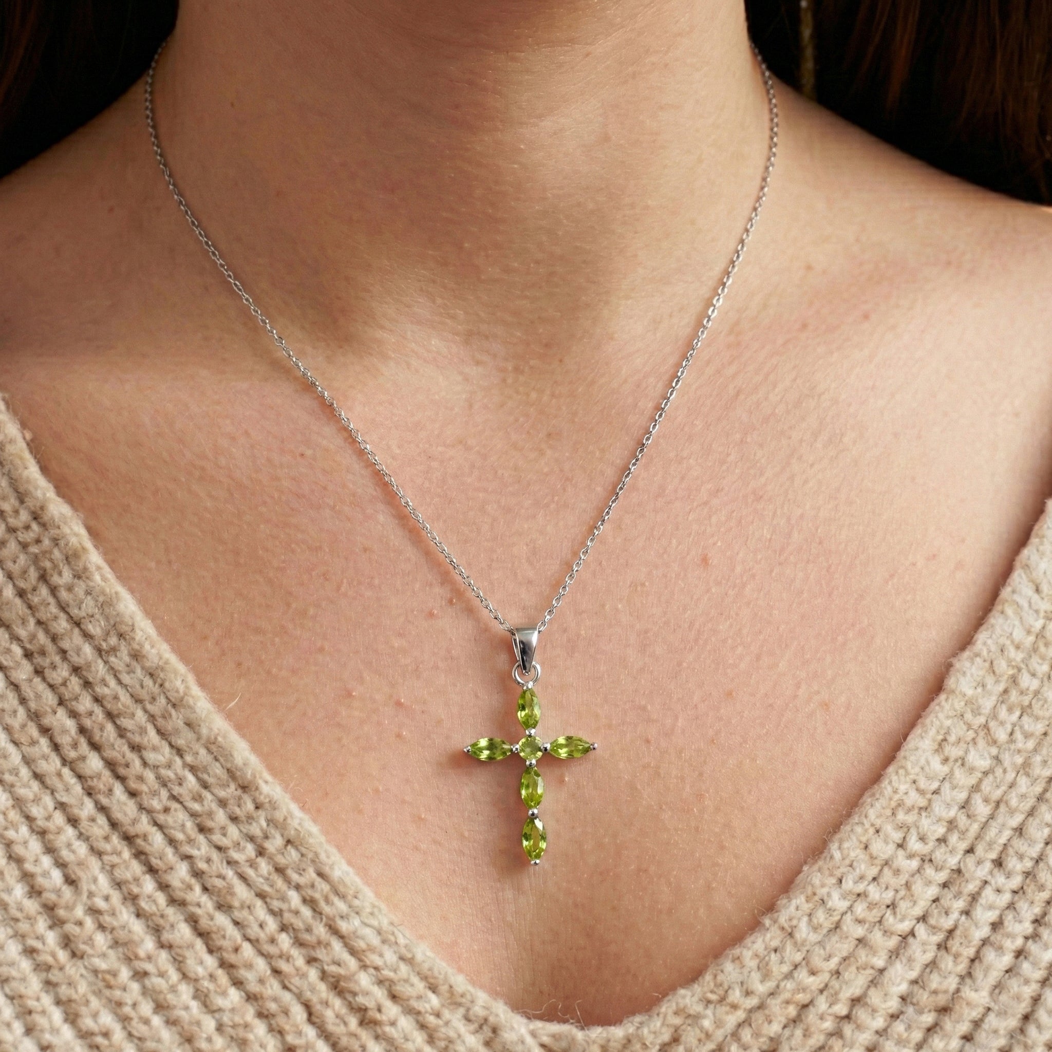 Peridot Marquise Cross Pendant Necklace in 925 Sterling Silver 2ct