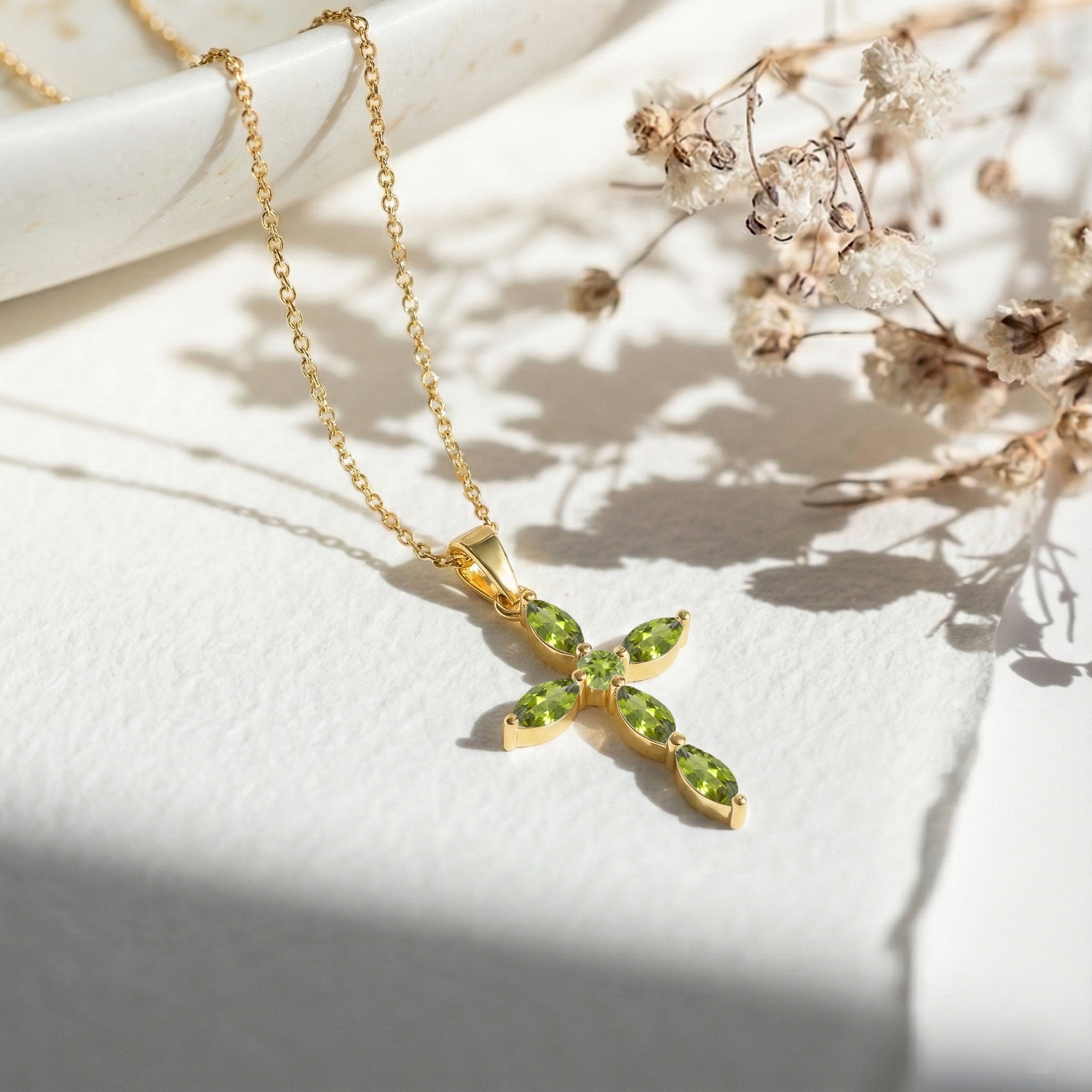 Peridot Marquise Cross Pendant Necklace in Yellow Gold Plated 2ct