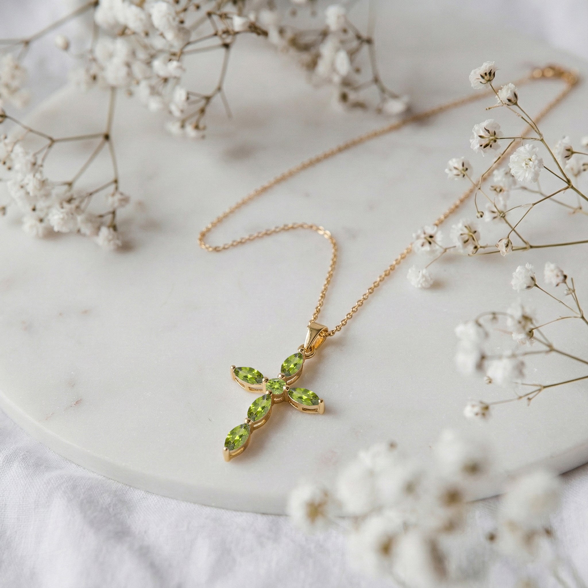 Peridot Marquise Cross Pendant Necklace in Yellow Gold Plated 2ct