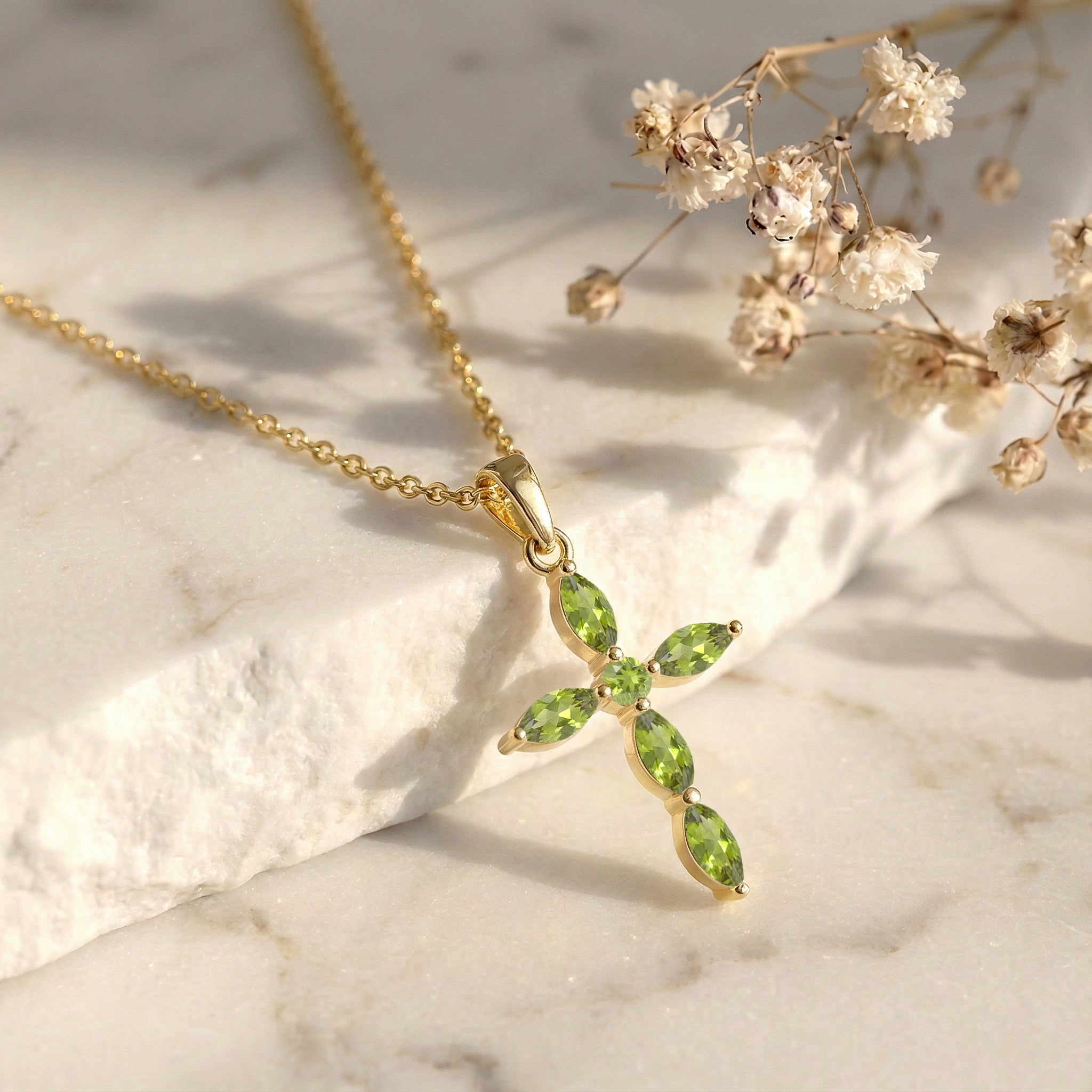 Peridot Marquise Cross Pendant Necklace in 925 Sterling Silver 2ct