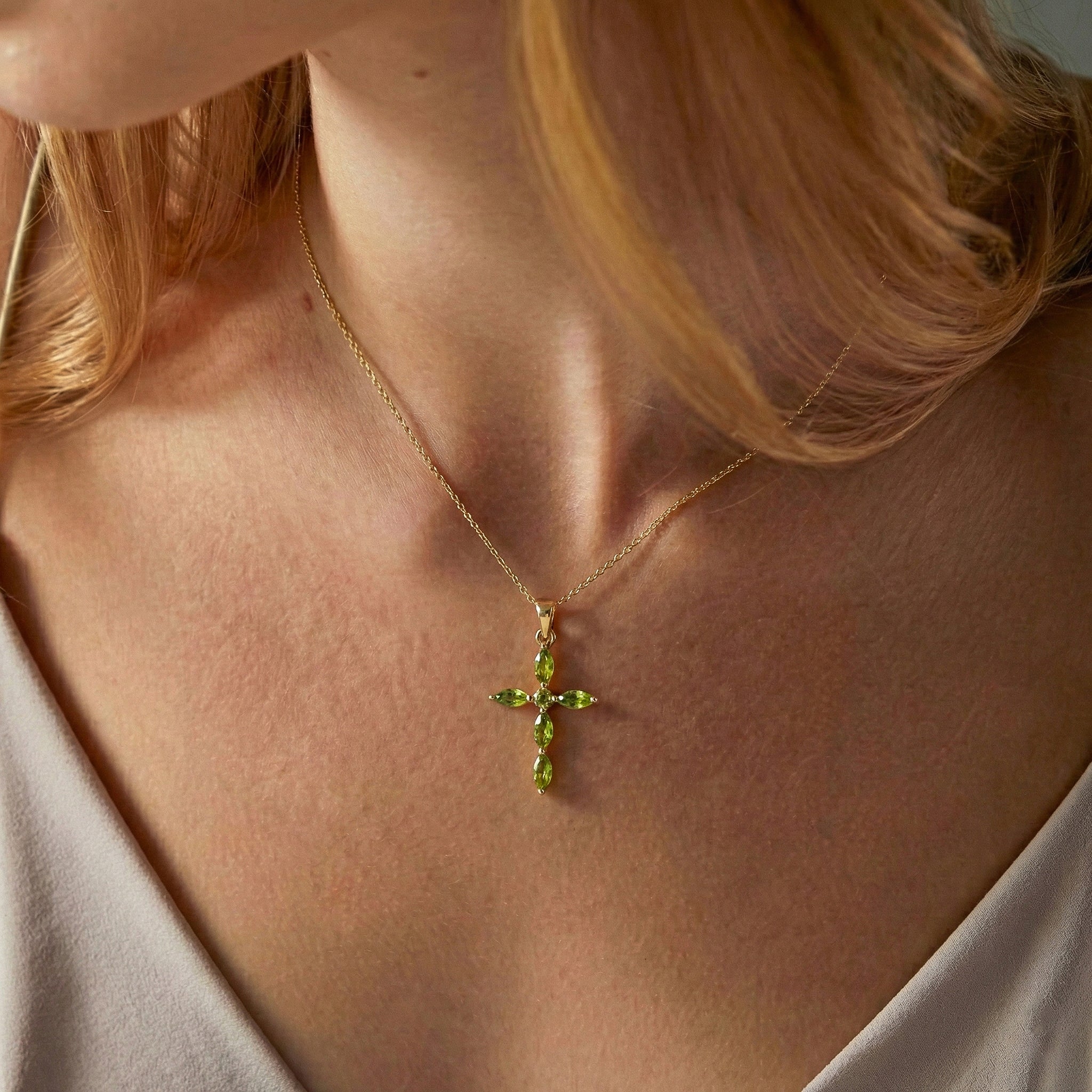 Peridot Marquise Cross Pendant Necklace in 925 Sterling Silver 2ct