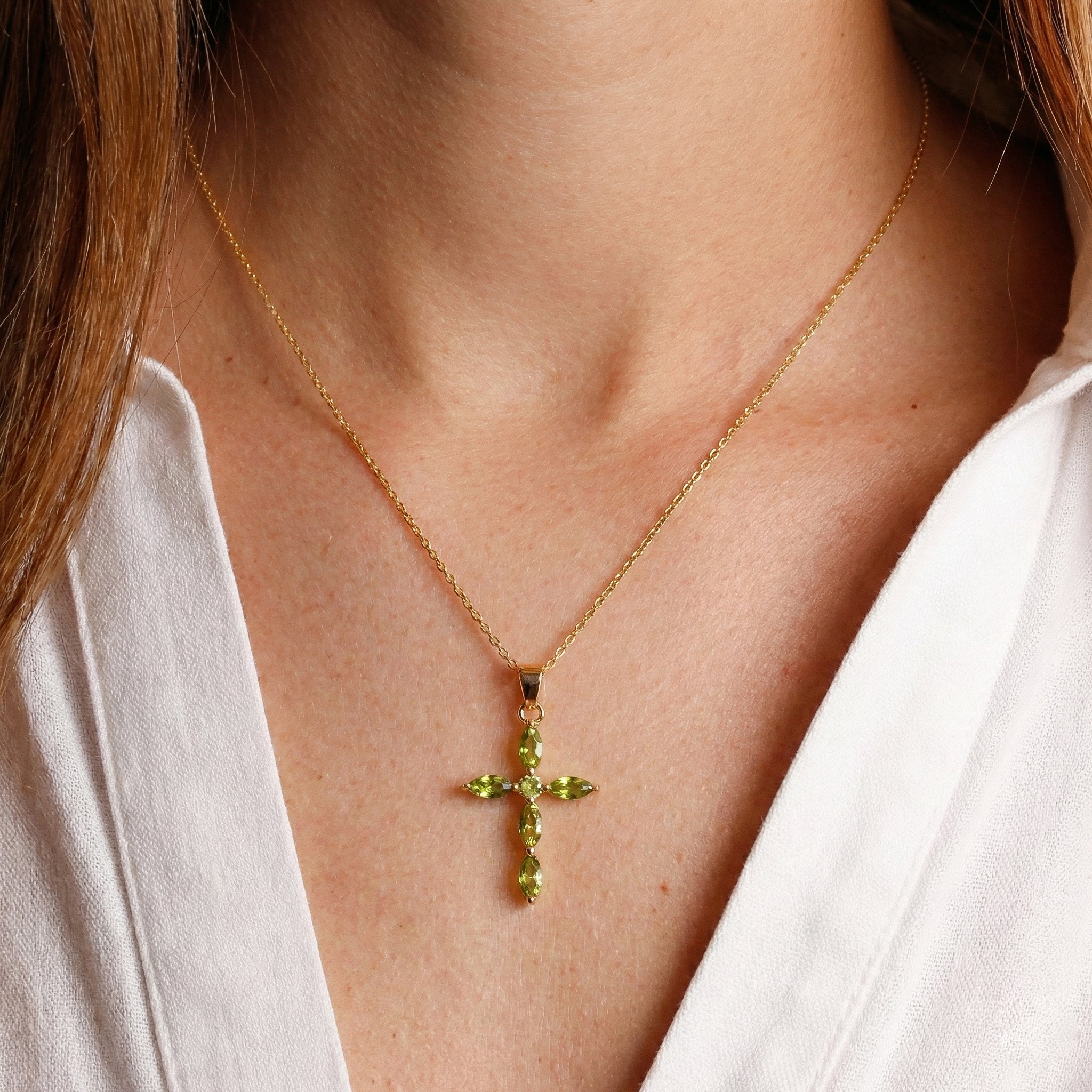 Peridot Marquise Cross Pendant Necklace in Yellow Gold Plated 2ct