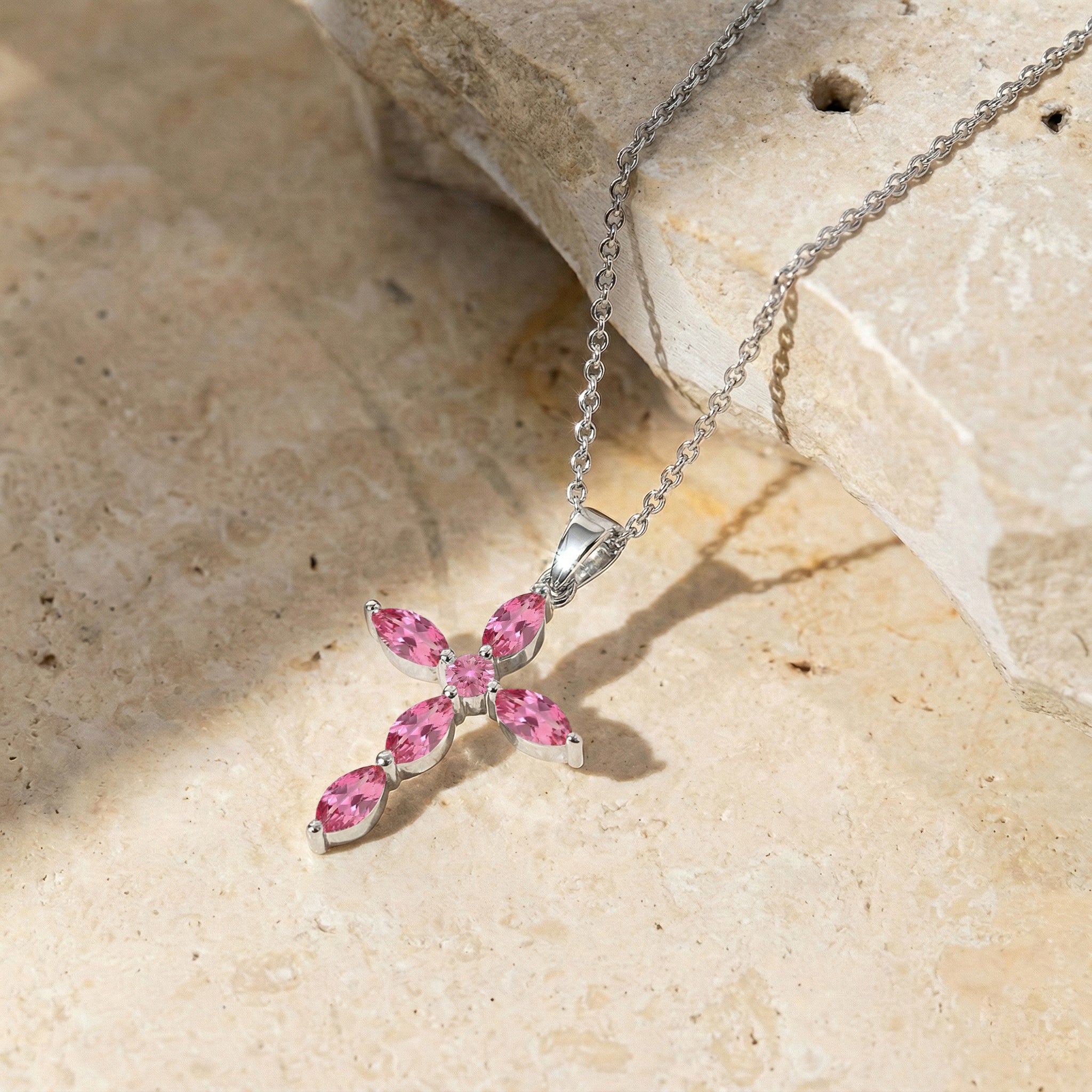 Pink Tourmaline Marquise Cross Pendant Necklace in 925 Sterling Silver 2ct