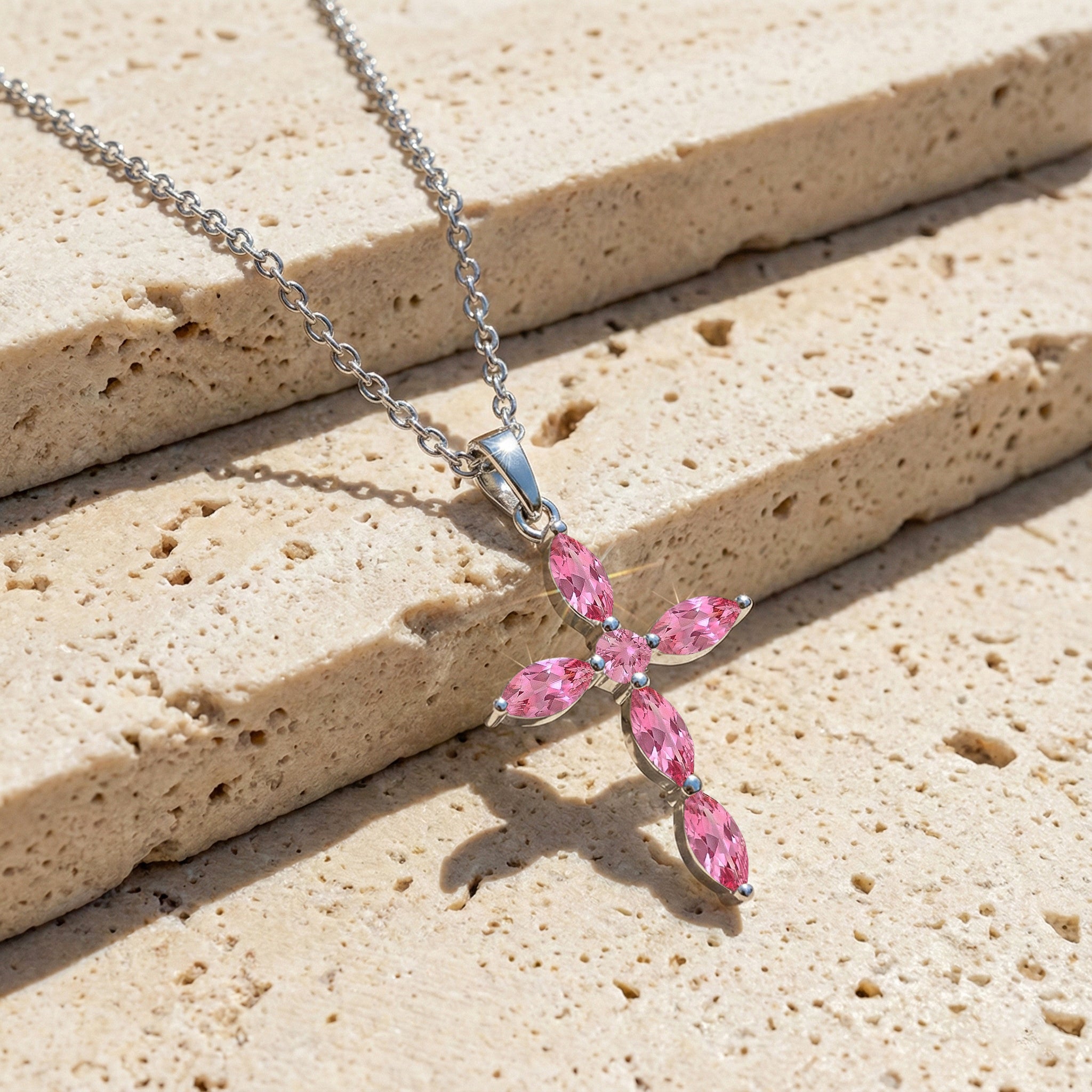 Pink Tourmaline Marquise Cross Pendant Necklace in 925 Sterling Silver 2ct