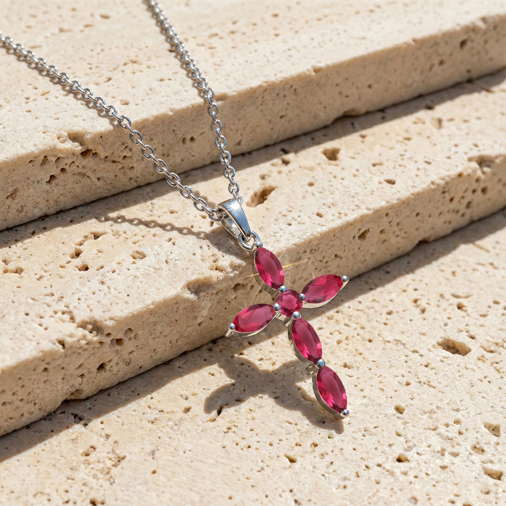 Pink Tourmaline Marquise Cross Pendant Necklace in 925 Sterling Silver 2ct