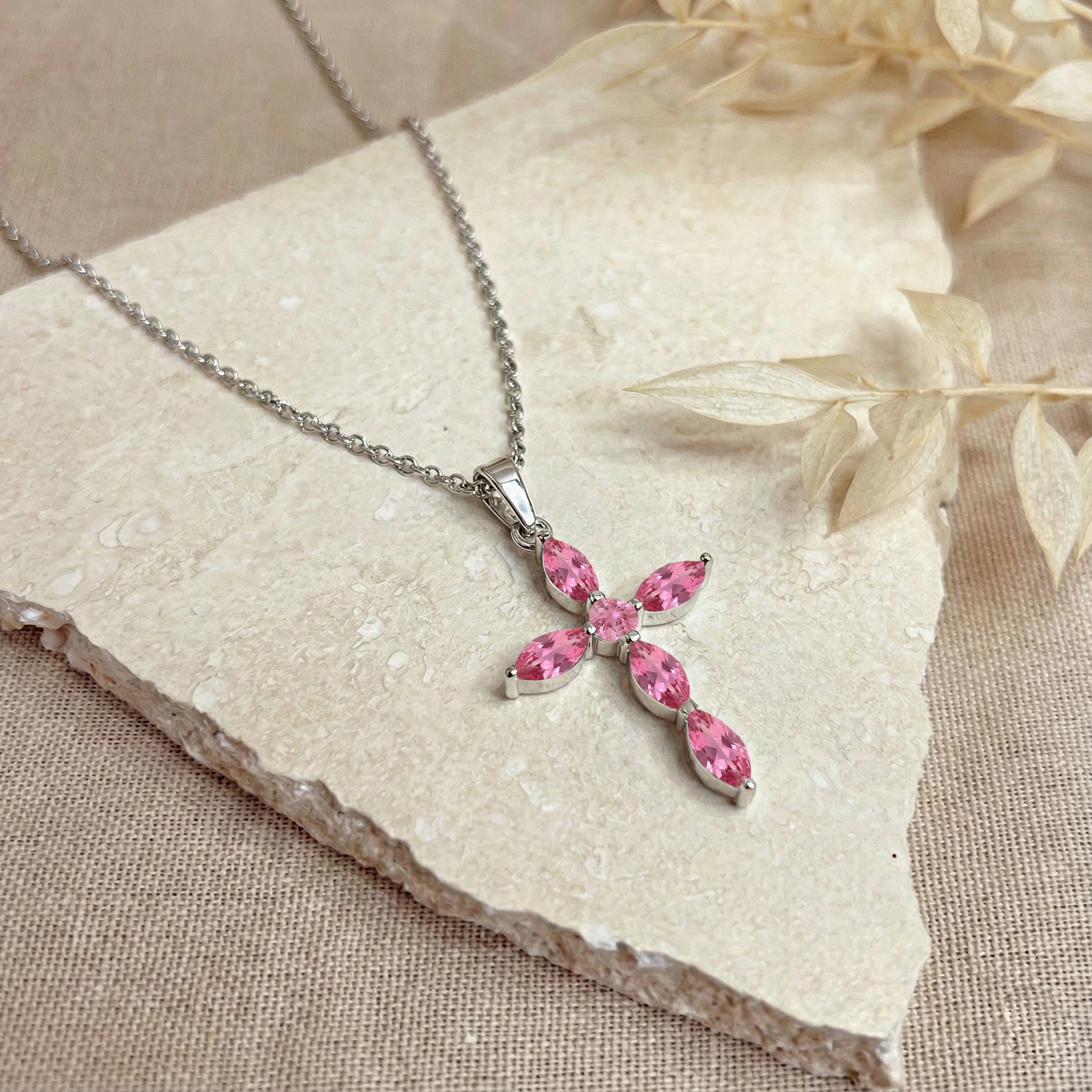 Pink Tourmaline Marquise Cross Pendant Necklace in 925 Sterling Silver 2ct
