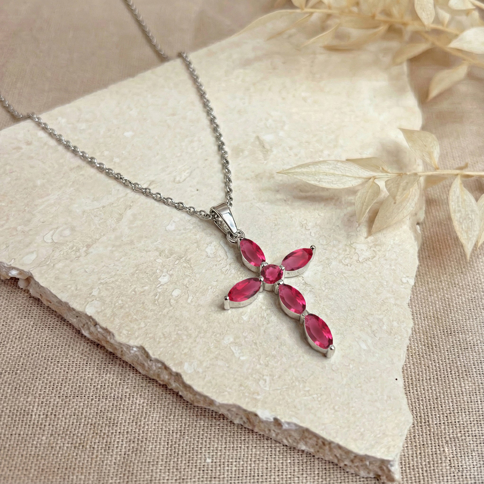 Pink Tourmaline Marquise Cross Pendant Necklace in 925 Sterling Silver 2ct