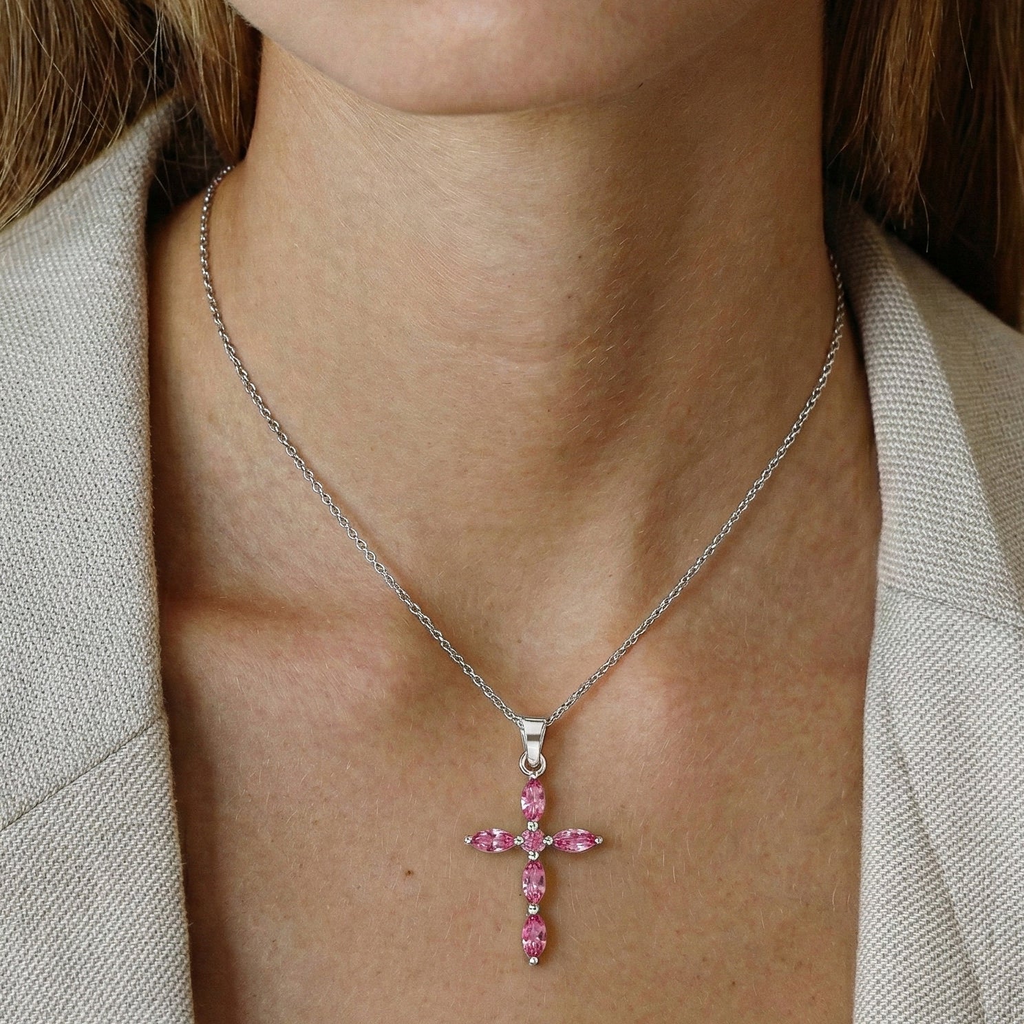 Pink Tourmaline Marquise Cross Pendant Necklace in 925 Sterling Silver 2ct