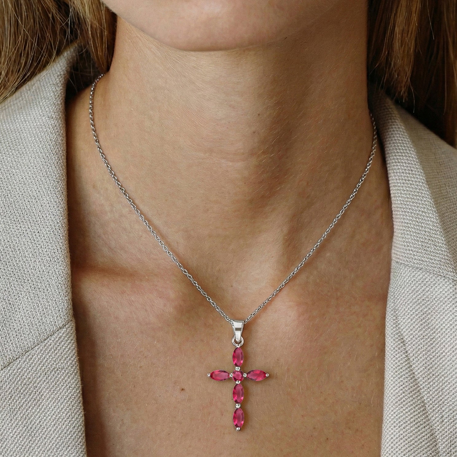 Pink Tourmaline Marquise Cross Pendant Necklace in 925 Sterling Silver 2ct