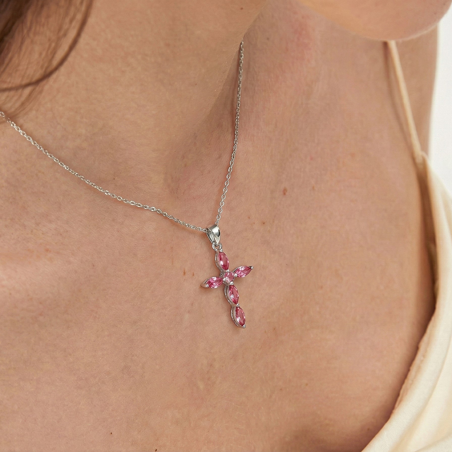 Pink Tourmaline Marquise Cross Pendant Necklace in 925 Sterling Silver 2ct