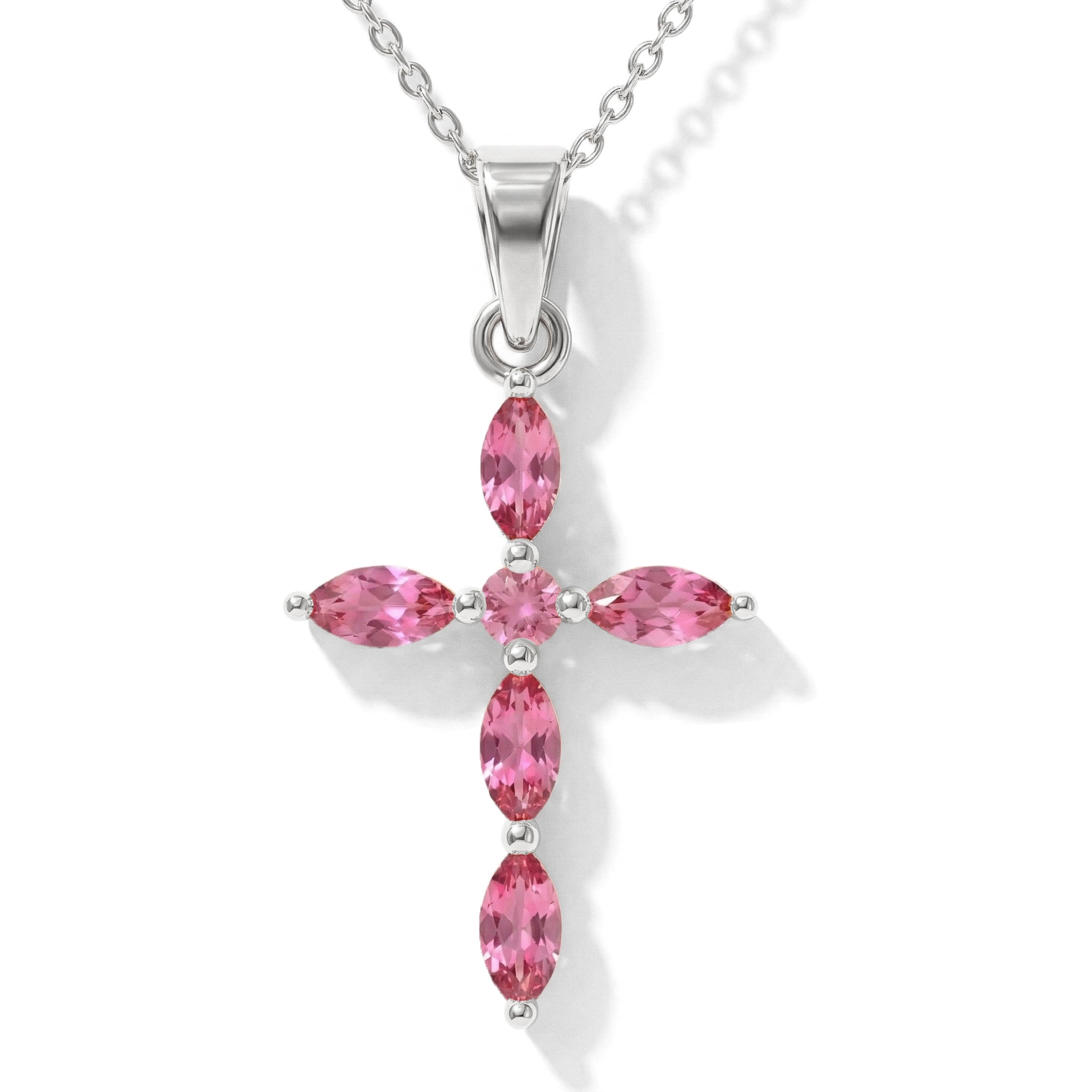 Pink Tourmaline Marquise Cross Pendant Necklace in 925 Sterling Silver 2ct