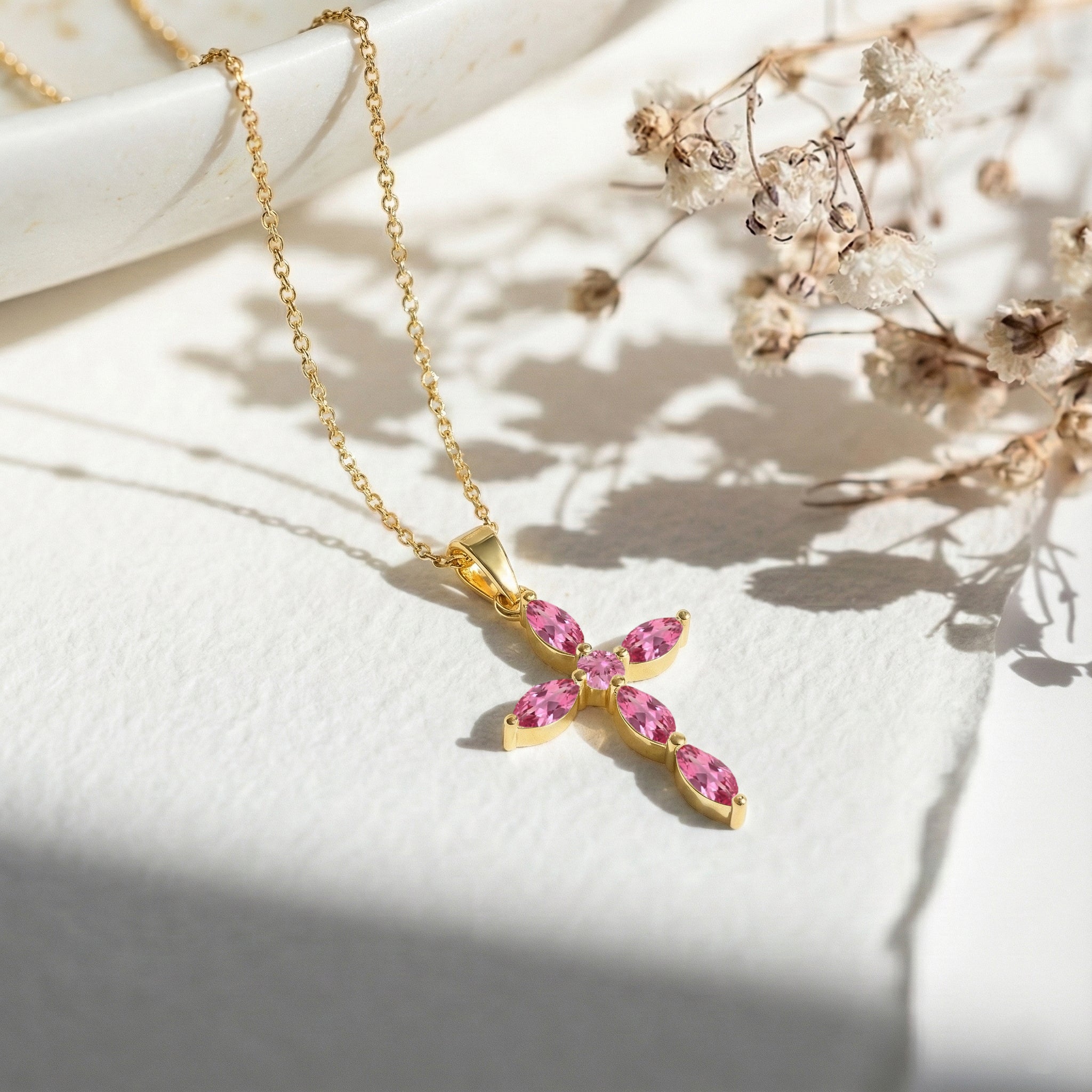 Pink Tourmaline Marquise Cross Pendant Necklace in 925 Sterling Silver 2ct