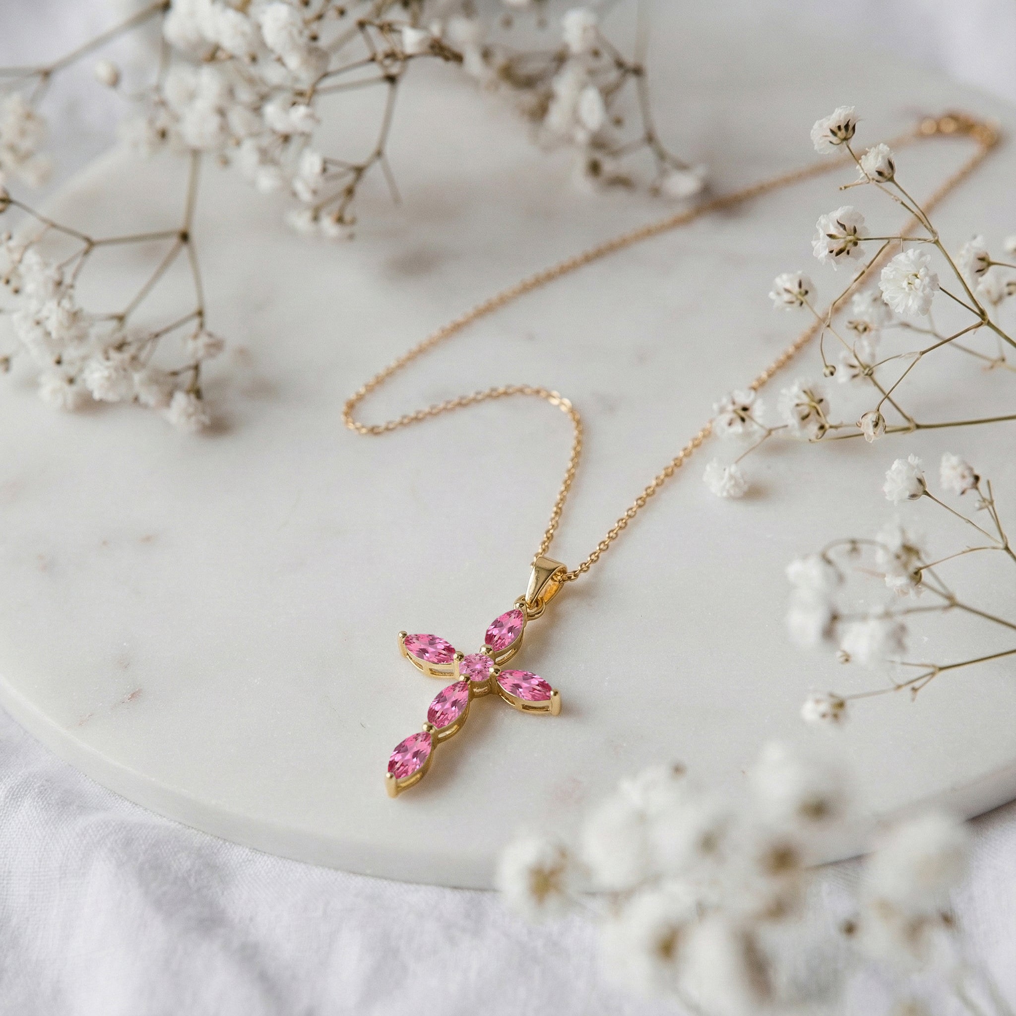 Pink Tourmaline Marquise Cross Pendant Necklace in 925 Sterling Silver 2ct