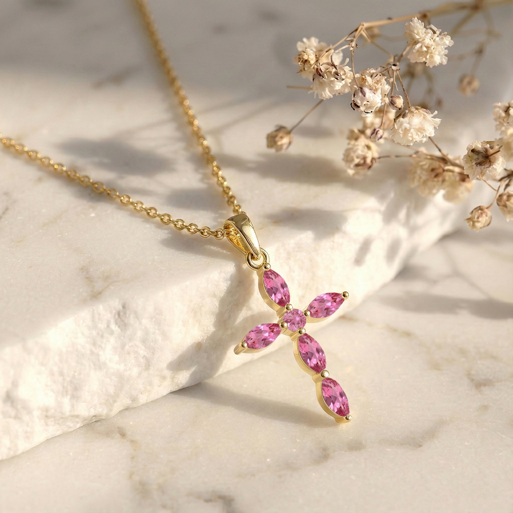 Pink Tourmaline Marquise Cross Pendant Necklace in 925 Sterling Silver 2ct