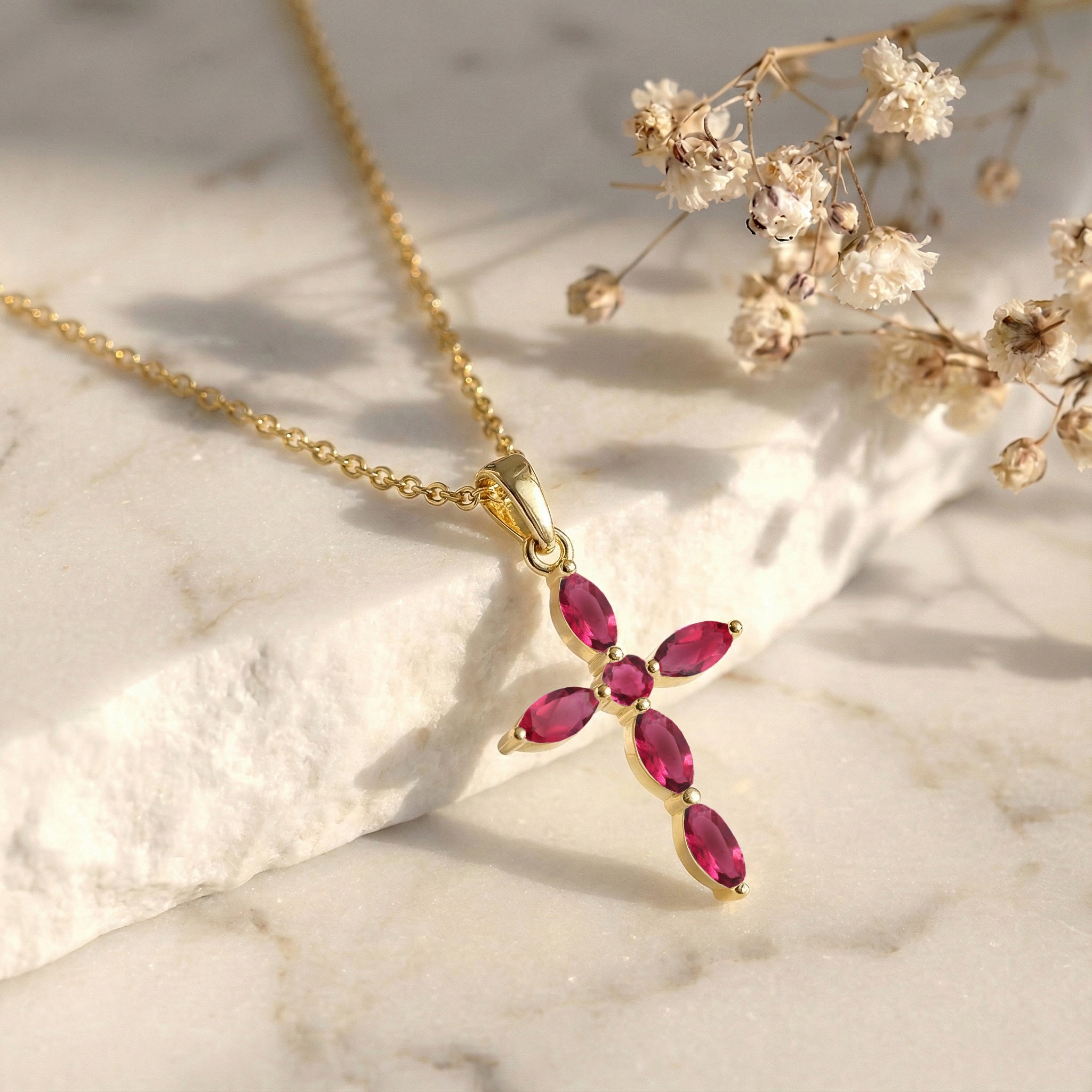 Pink Tourmaline Marquise Cross Pendant Necklace in 925 Sterling Silver 2ct