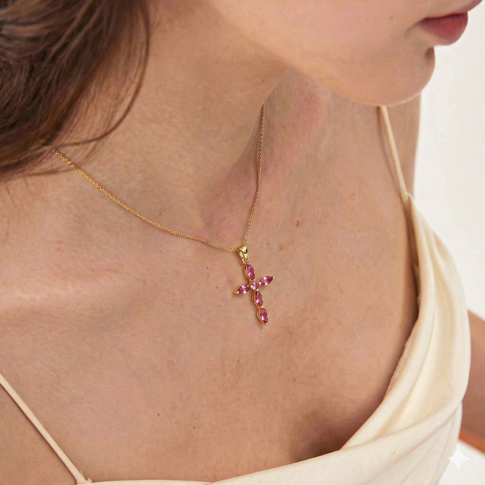 Pink Tourmaline Marquise Cross Pendant Necklace in 925 Sterling Silver 2ct