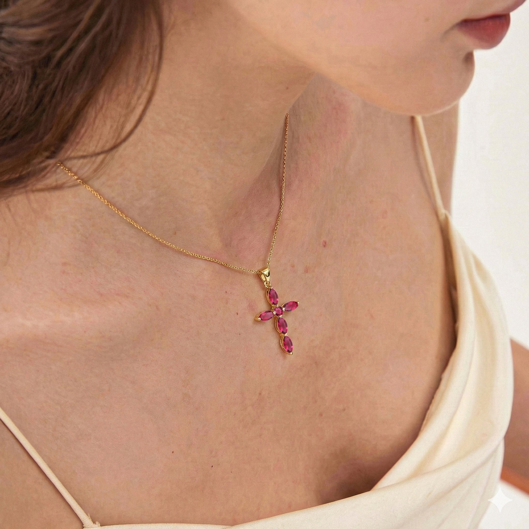 Pink Tourmaline Marquise Cross Pendant Necklace in 925 Sterling Silver 2ct