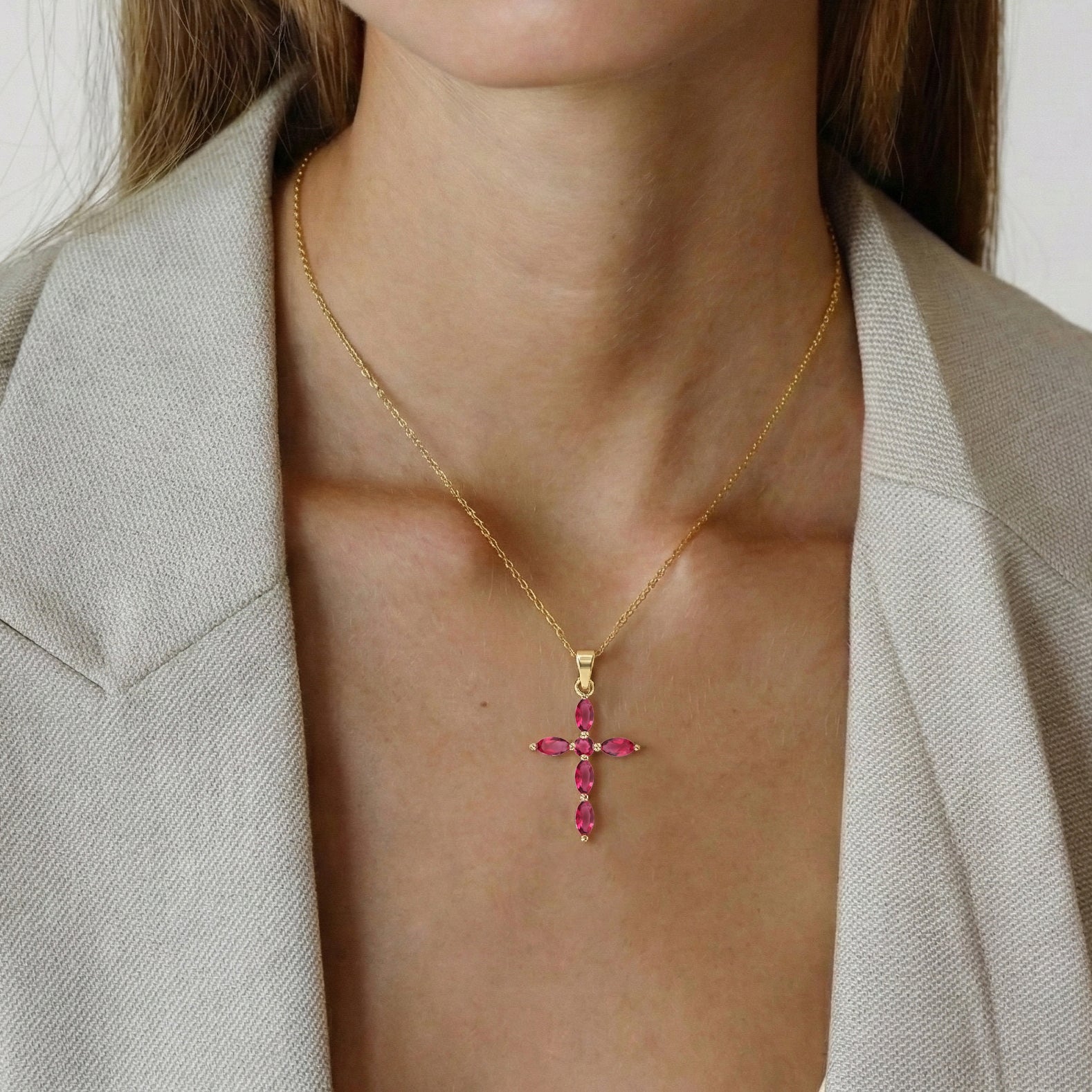 Pink Tourmaline Marquise Cross Pendant Necklace in 925 Sterling Silver 2ct