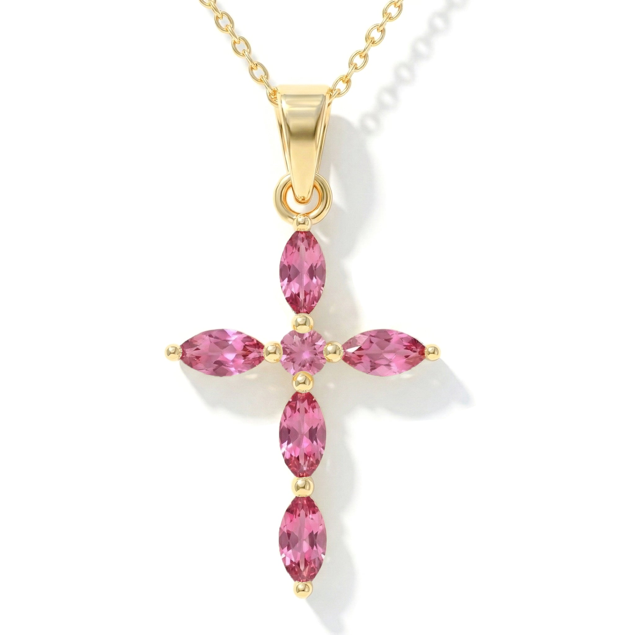 Pink Tourmaline Marquise Cross Pendant Necklace in 925 Sterling Silver 2ct