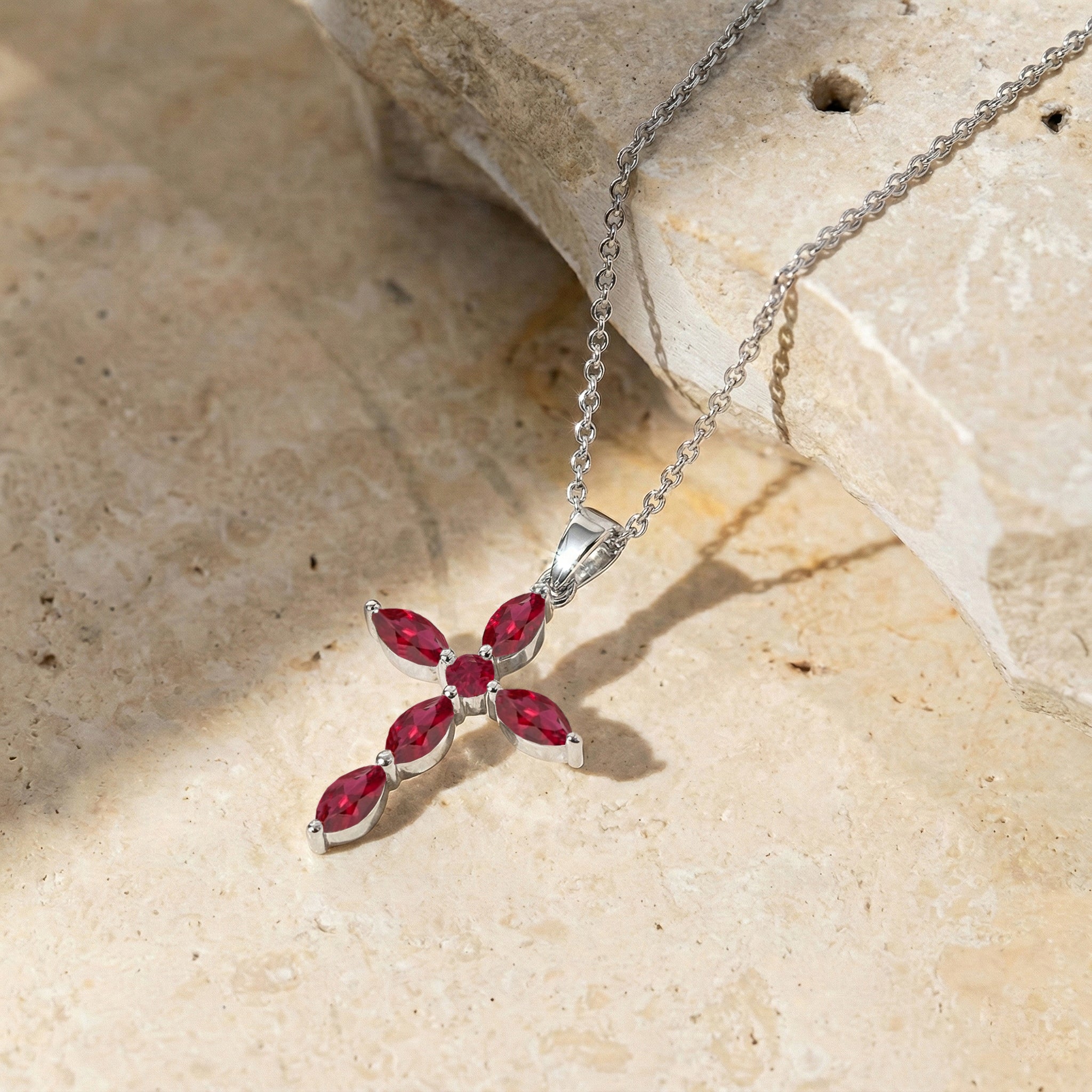 Ruby Marquise Cross Pendant Necklace in 925 Sterling Silver 2ct