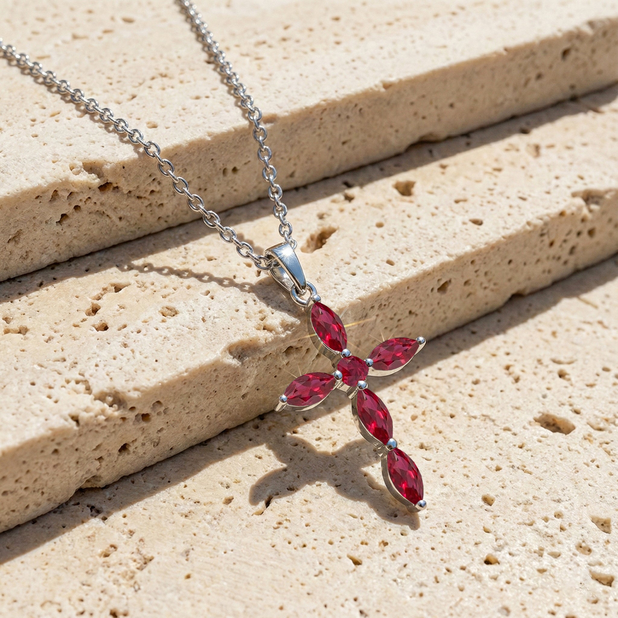 Ruby Marquise Cross Pendant Necklace in 925 Sterling Silver 2ct