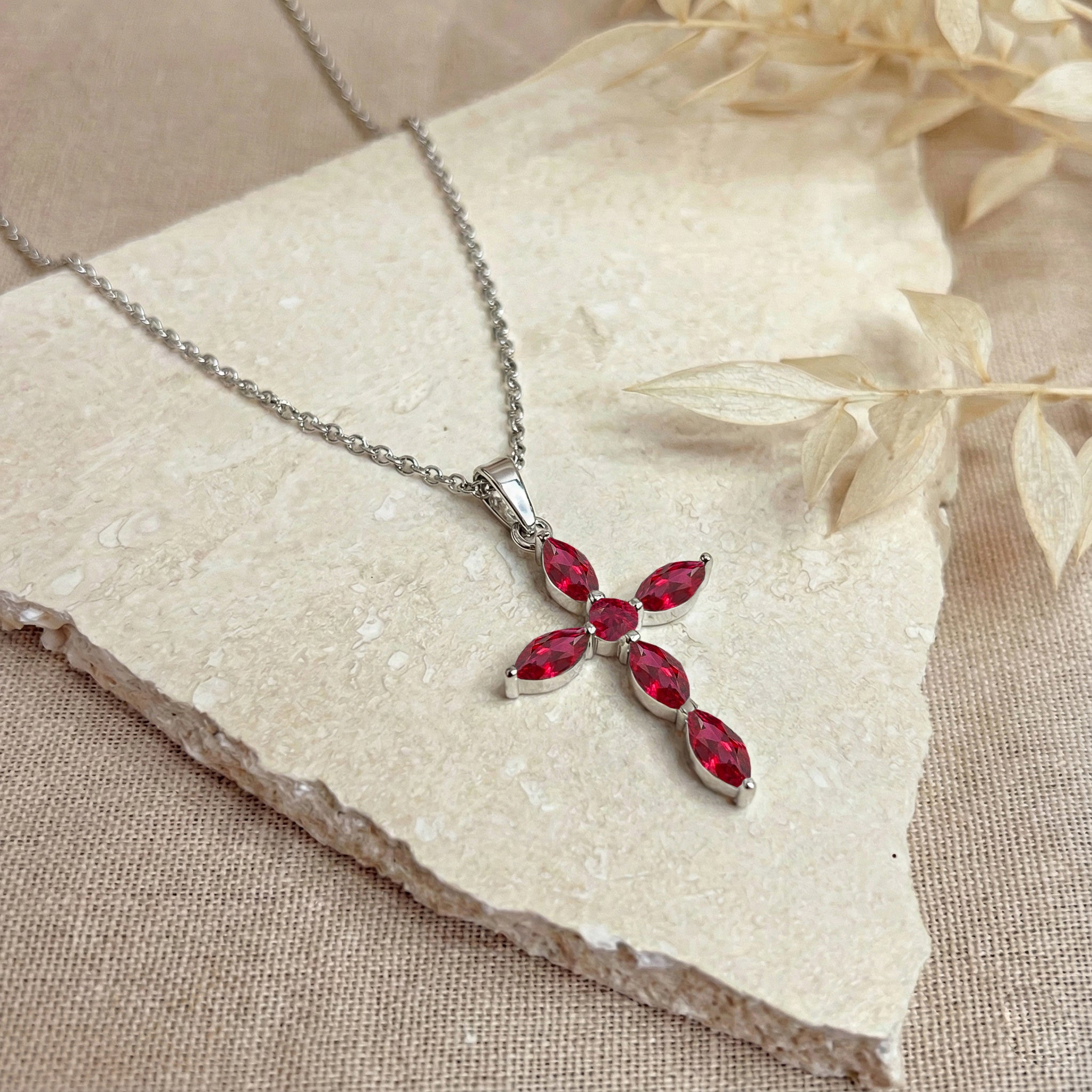 Ruby Marquise Cross Pendant Necklace in 925 Sterling Silver 2ct