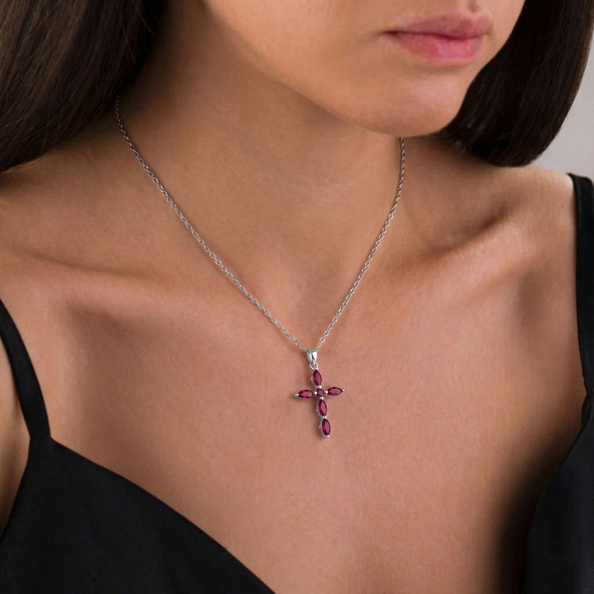 Ruby Marquise Cross Pendant Necklace in 925 Sterling Silver 2ct