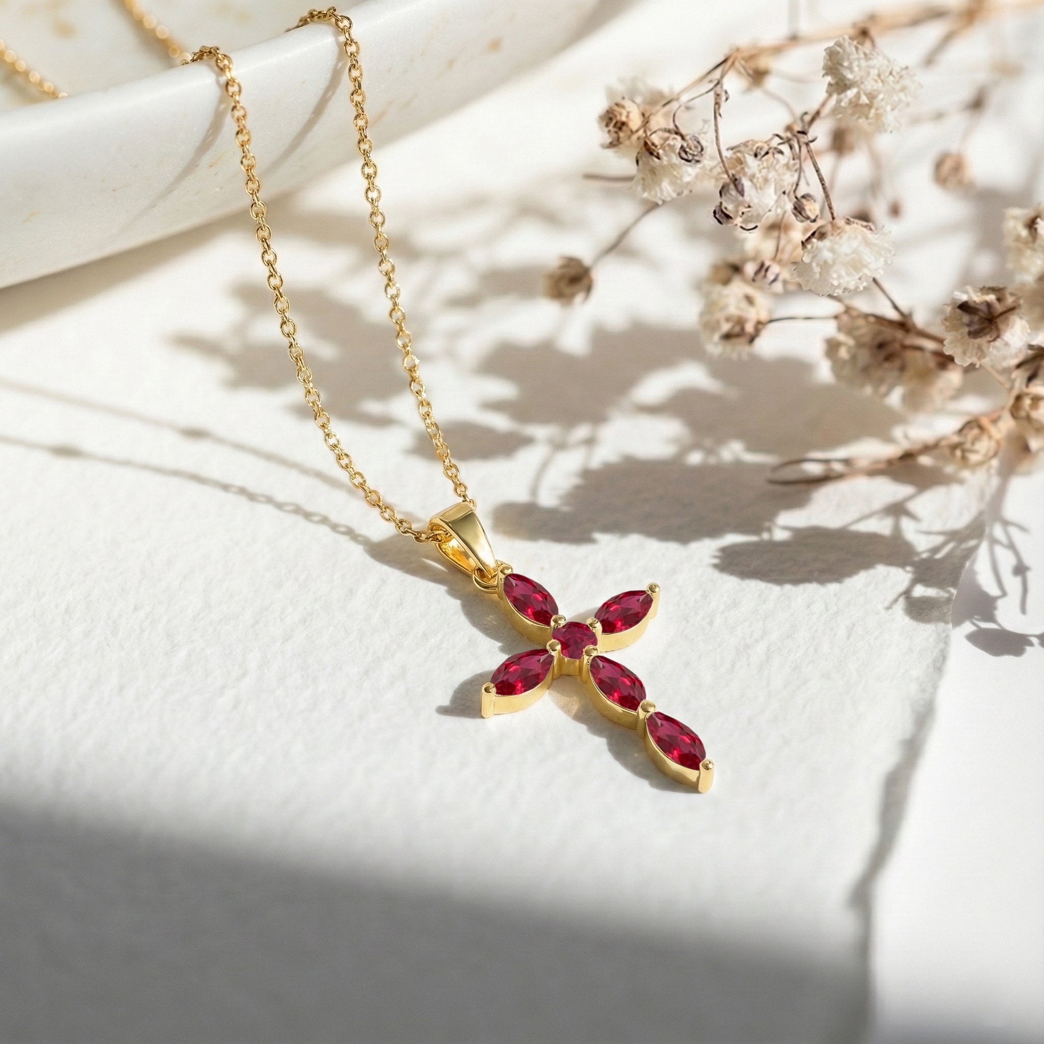 Ruby Marquise Cross Pendant Necklace in Yellow Gold Plated 2ct
