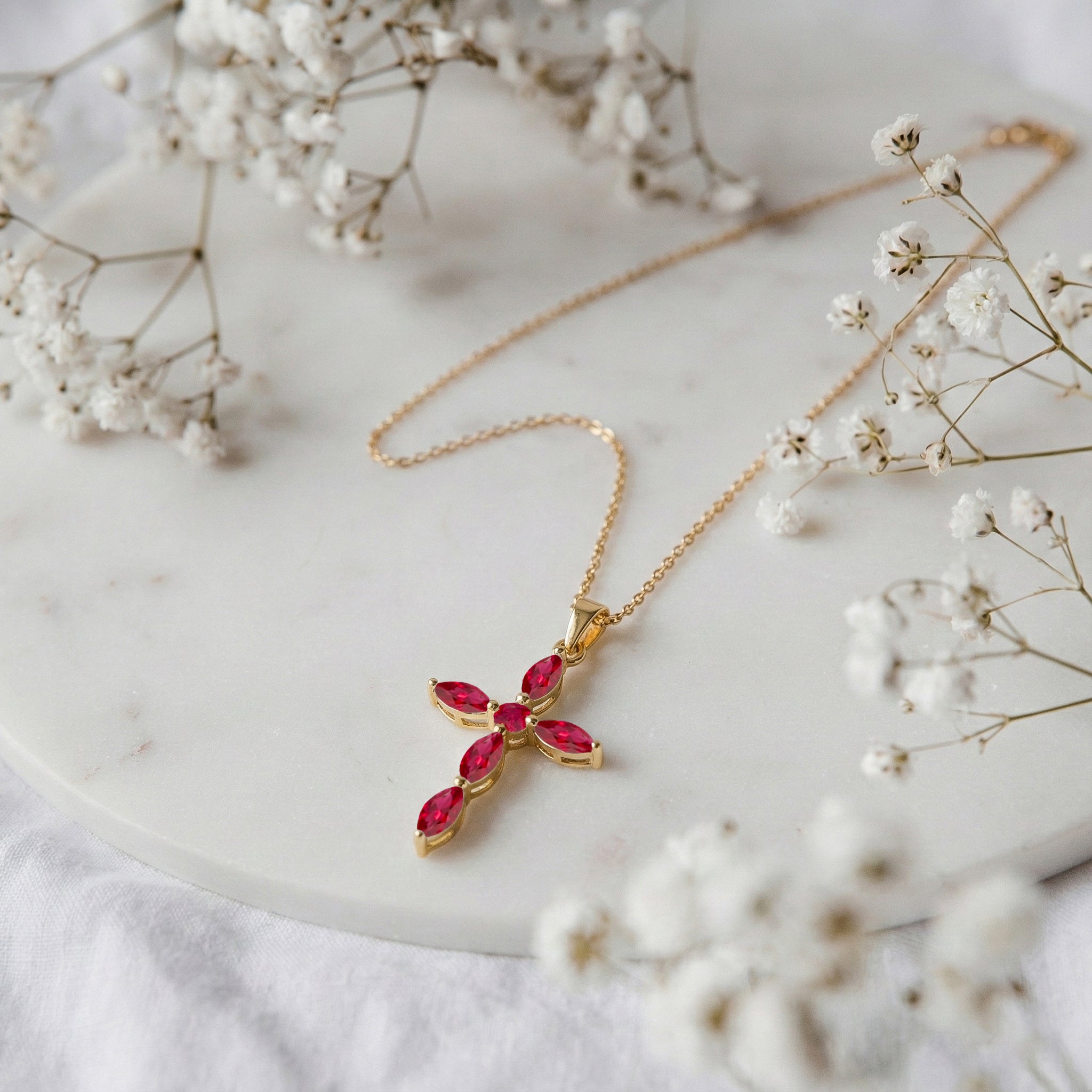 Ruby Marquise Cross Pendant Necklace in Yellow Gold Plated 2ct