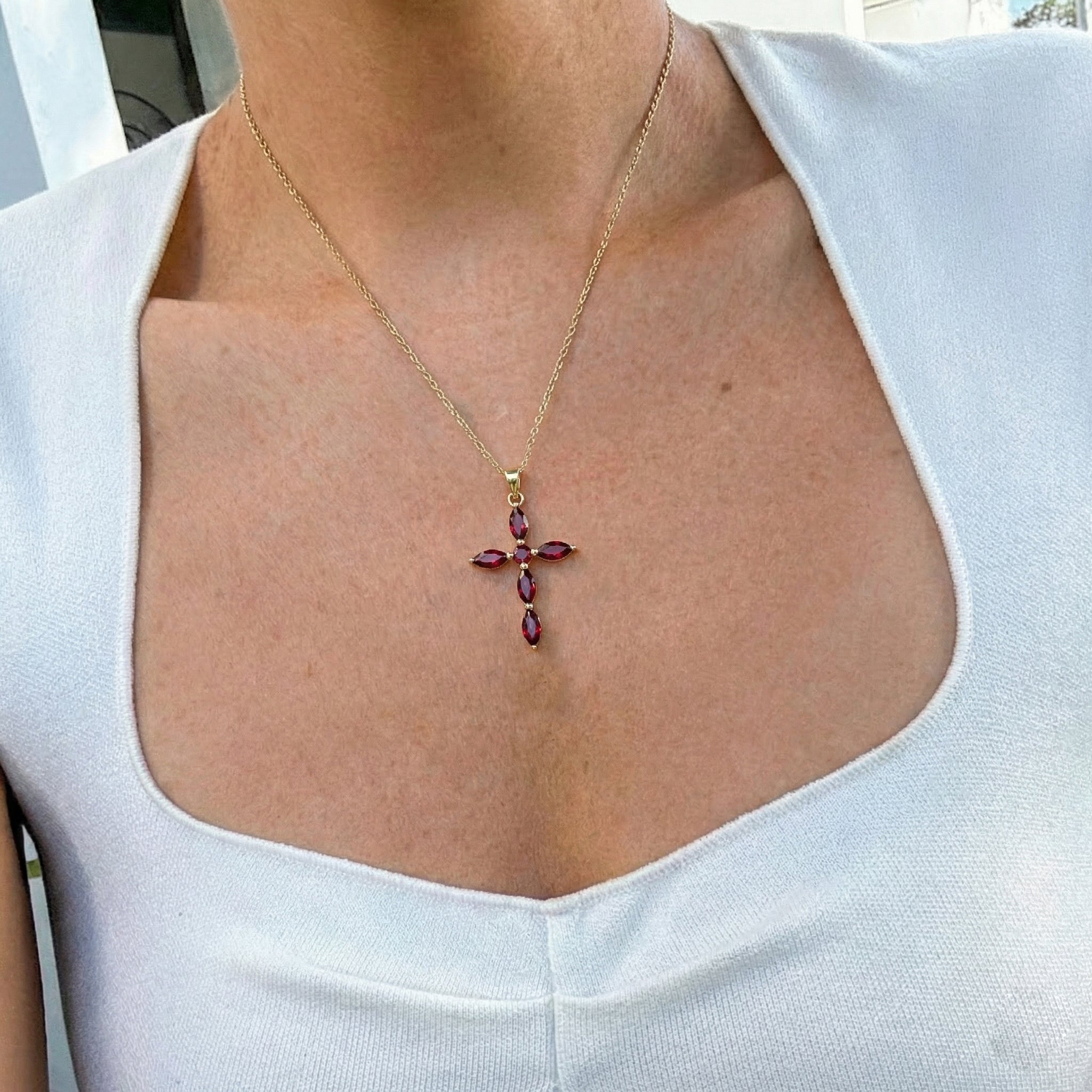 Ruby Marquise Cross Pendant Necklace in Yellow Gold Plated 2ct
