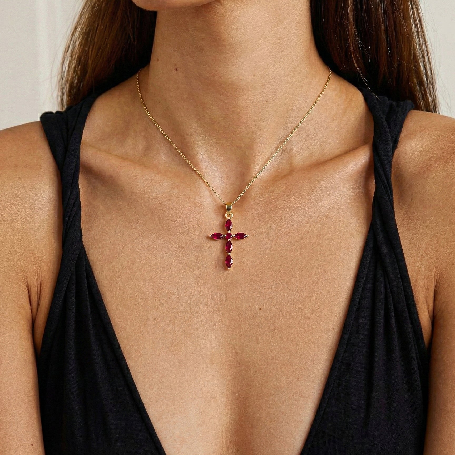 Ruby Marquise Cross Pendant Necklace in 925 Sterling Silver 2ct