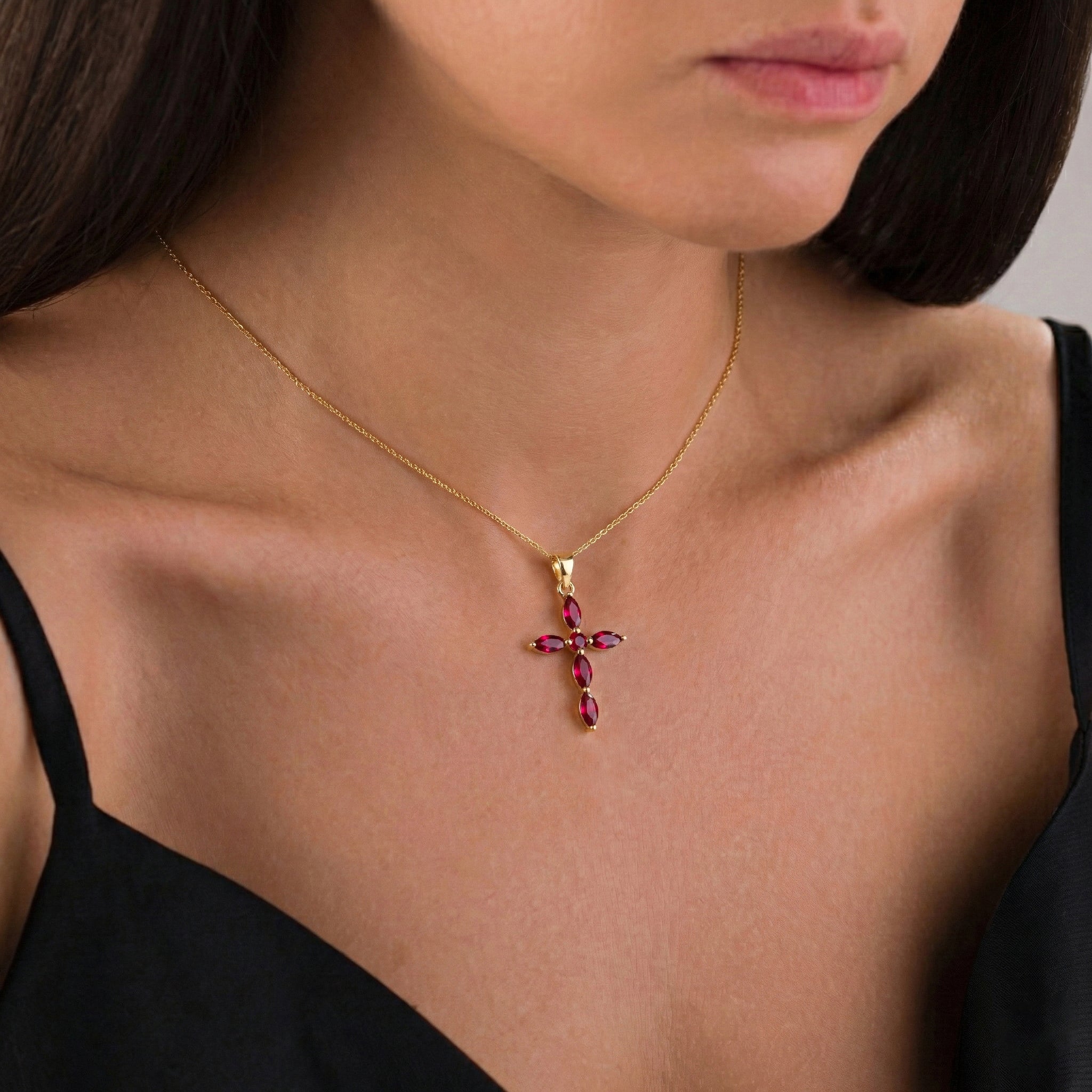 Ruby Marquise Cross Pendant Necklace in Yellow Gold Plated 2ct