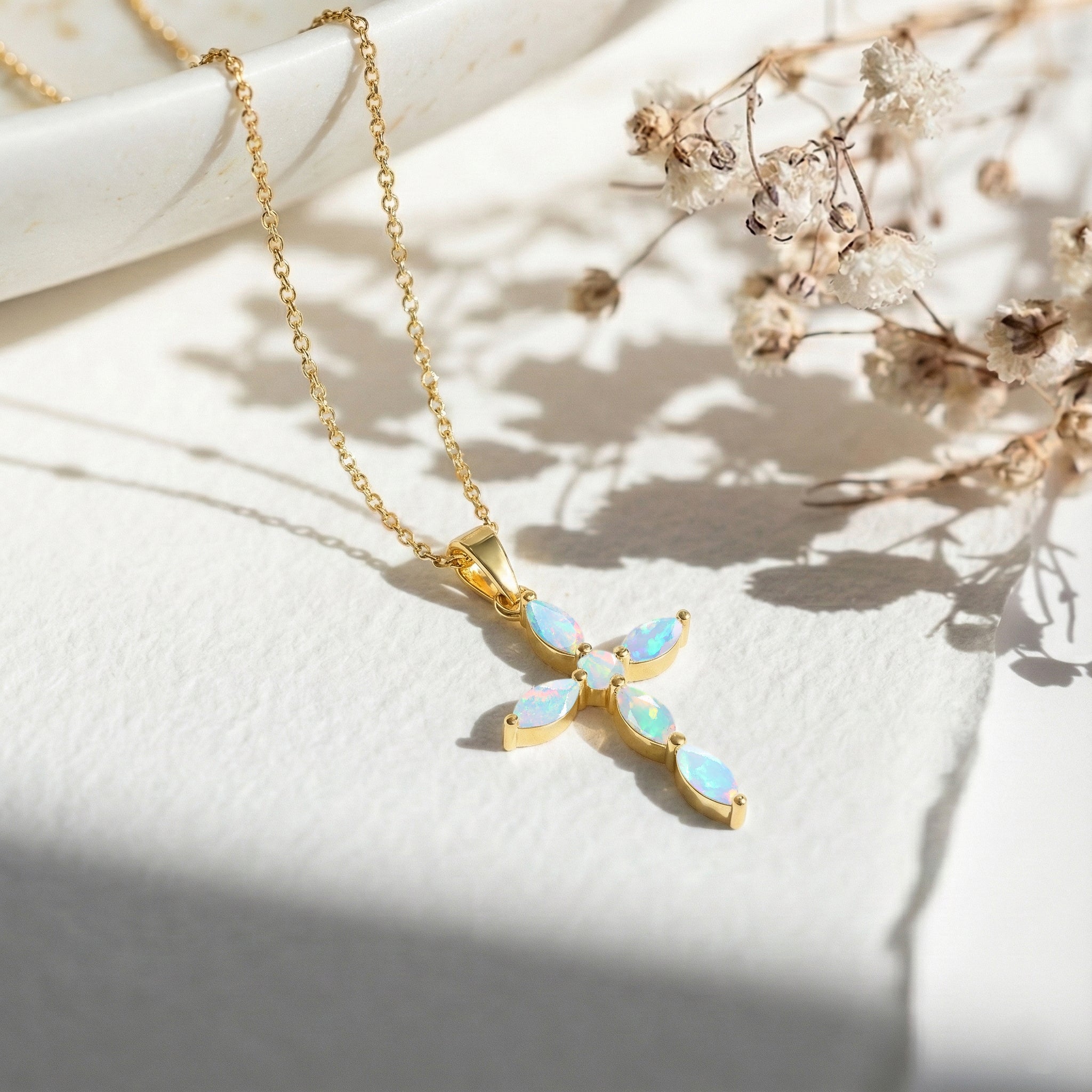 White Opal Marquise Cross Pendant Necklace in Yellow Gold Plated 2ct
