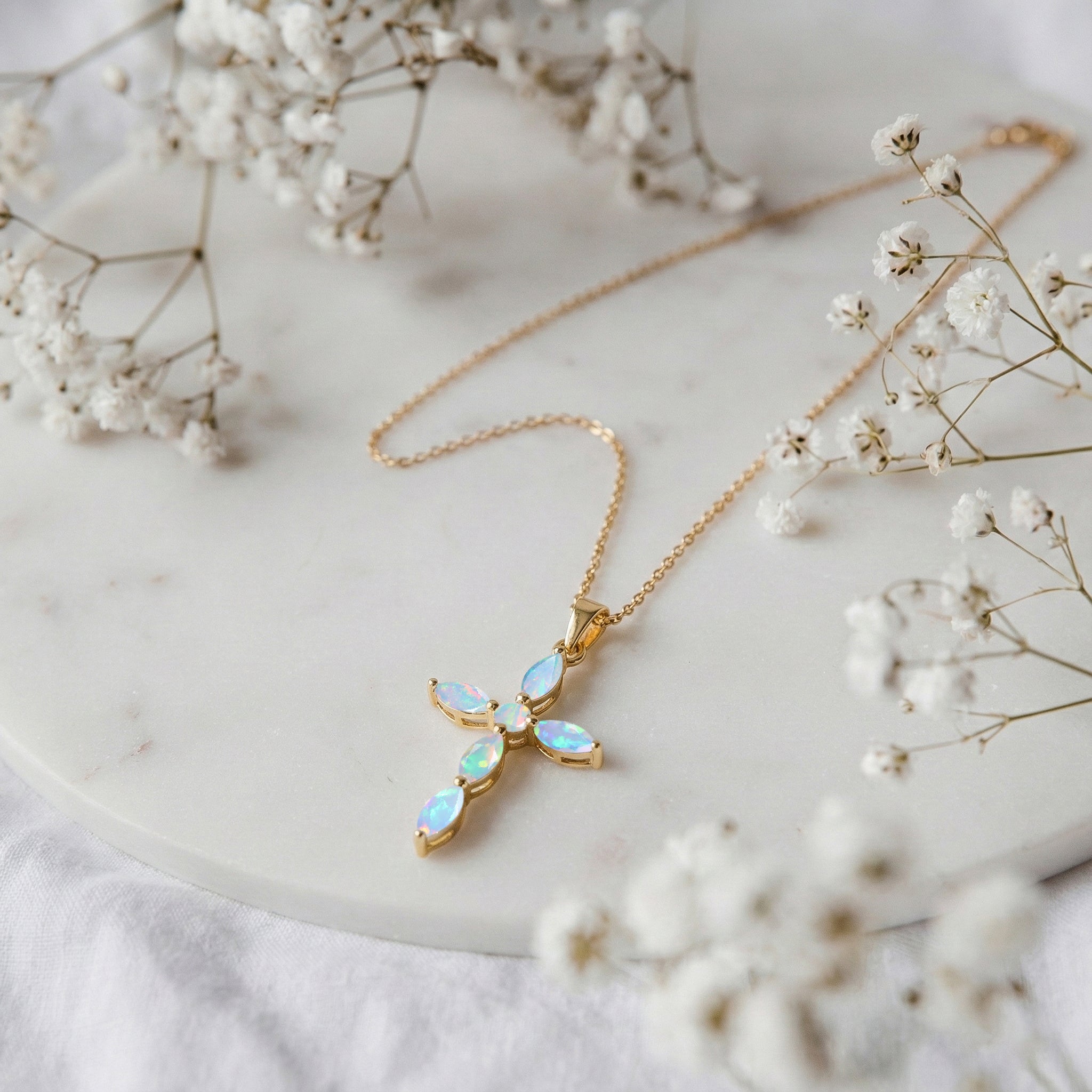 White Opal Marquise Cross Pendant Necklace in Yellow Gold Plated 2ct