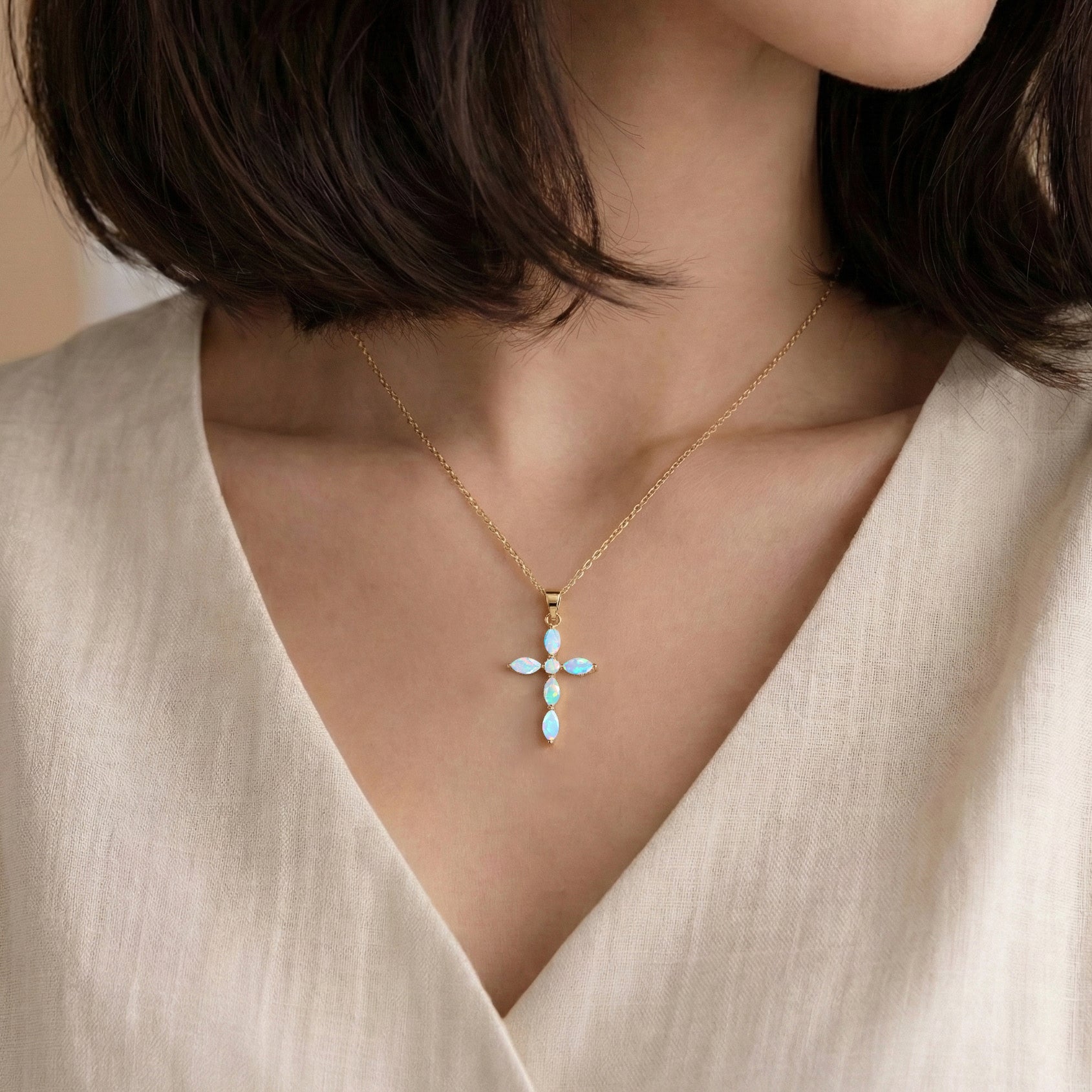 White Opal Marquise Cross Pendant Necklace in Yellow Gold Plated 2ct