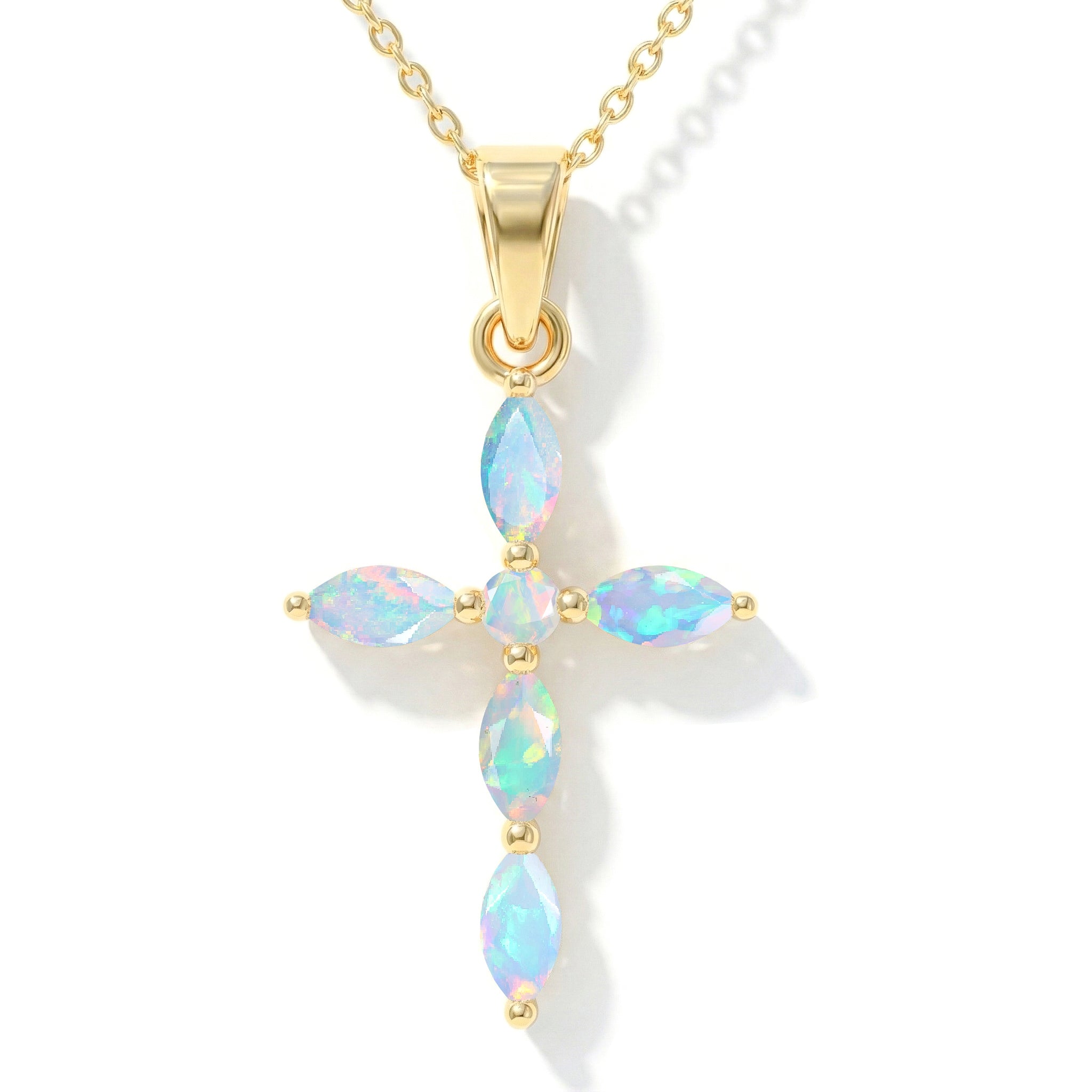 White Opal Marquise Cross Pendant Necklace in Yellow Gold Plated 2ct
