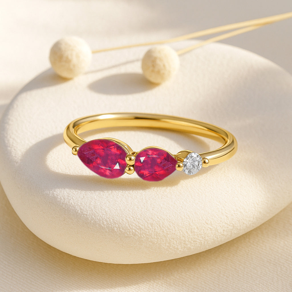 Natural Ruby Pear Shape Two Stone Ring in Yellow Gold Filled & Silver