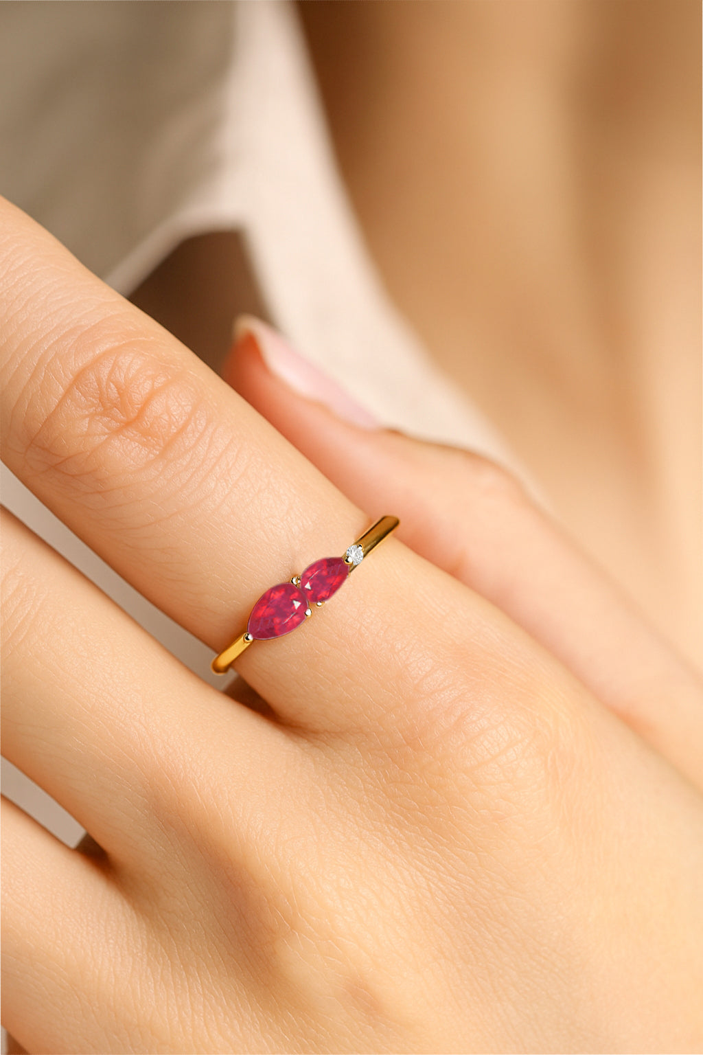 Natural Ruby Pear Shape Two Stone Ring in Yellow Gold Filled & Silver